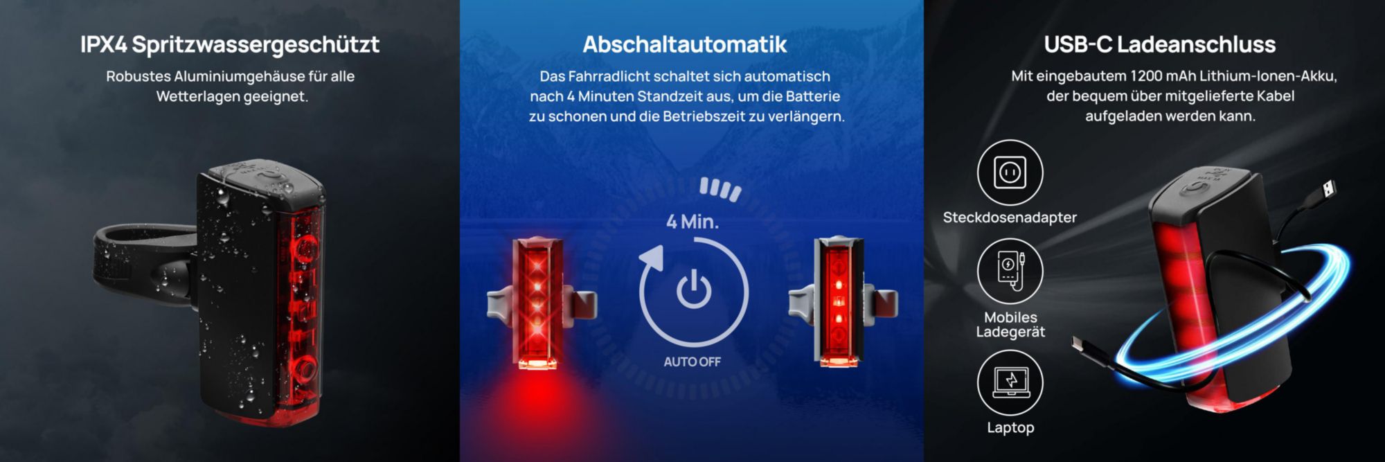 Automatisches Abschalten nach 4 Min., spritzwassergeschützt (IP44), wiederaufladbarer Akku.