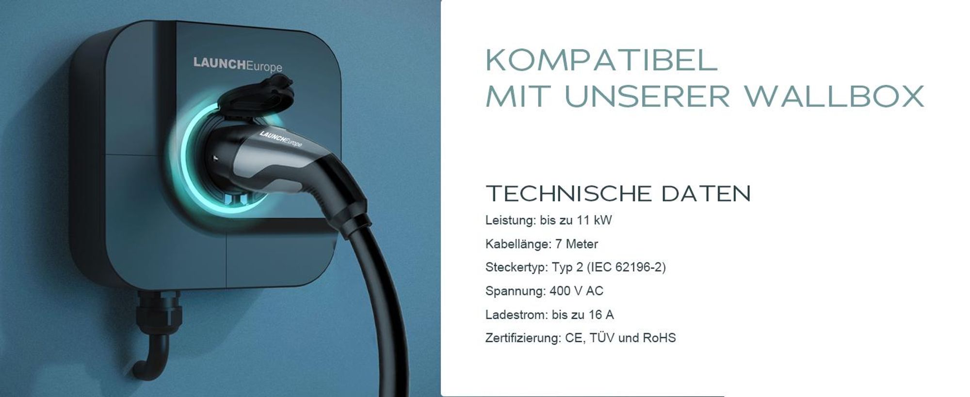LAUNCH Typ 2 Ladekabel 11 kW 7M 16 A Ladekabel Elektroauto Typ 2 3 Phasig für E Auto EV/PHEV Typ 2 auf Typ 2,für T-Mode und E-Golf-Serienfahrzeuge