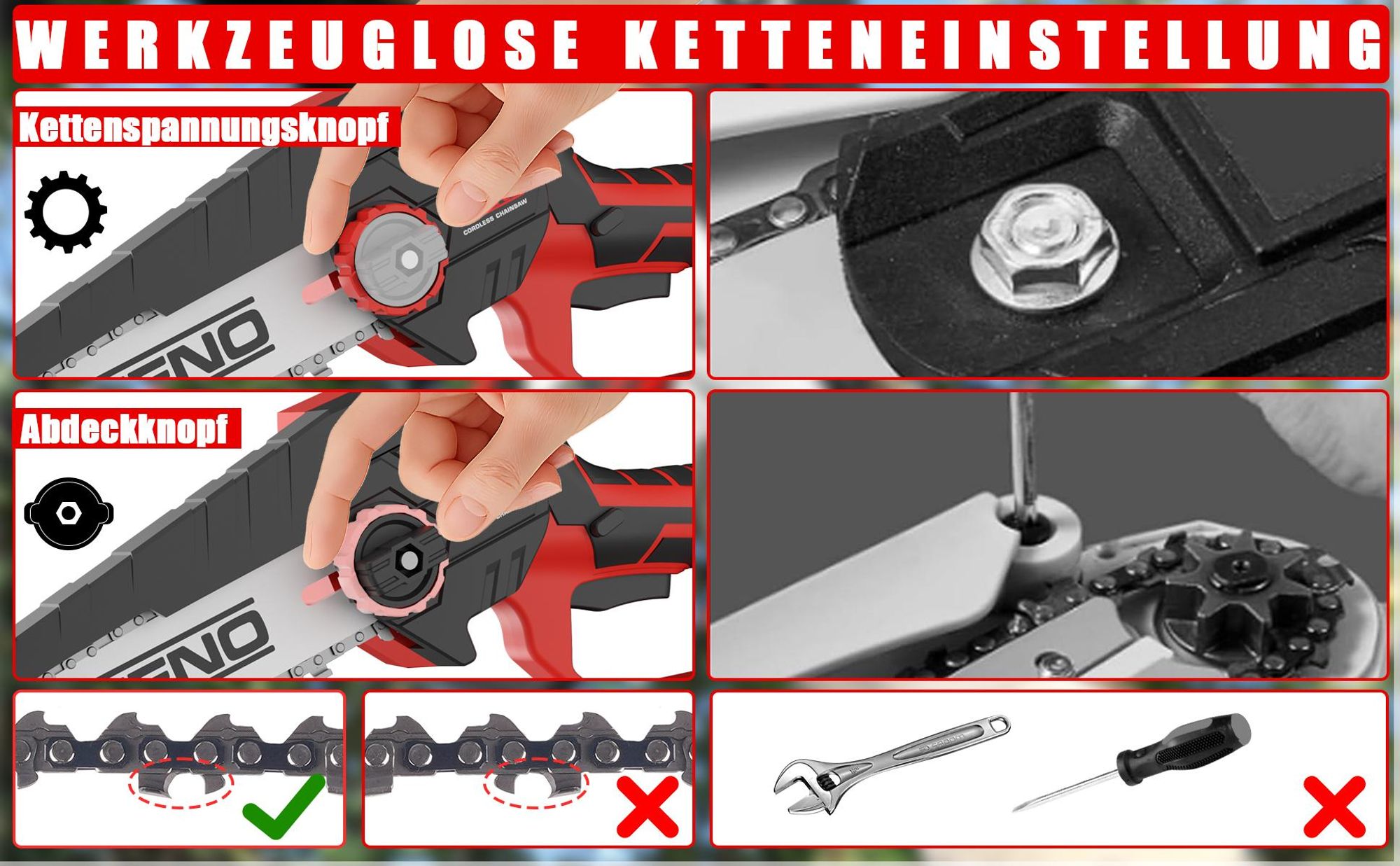 TEENO 2-in-1 Elektro-Kettensäge mit Teleskopstange, 2 Akkus 4000 mAh | 6 Zoll Kettensäge & Teleskop-Astschere, 180° verstellbarer Schneidkopf