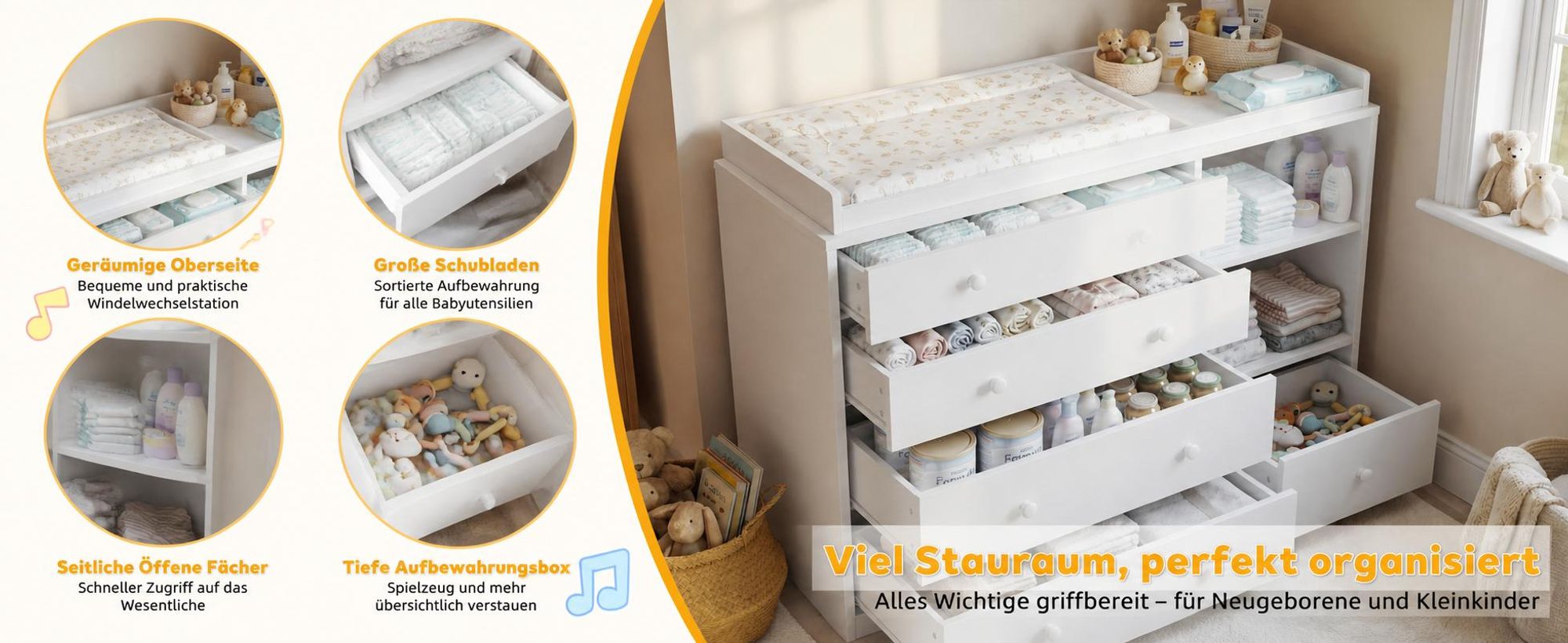 Wickelkommode Weiß 120x50x91.5cm, Wickeltisch mit 5 Schubladen & 2 offenen Fächern, Wickelkommode mit Kippschutz aus P2-MDF