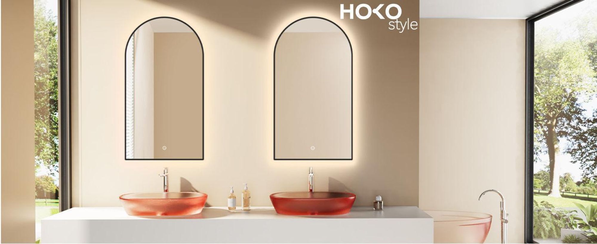 HOKO Badspiegel Bogen LED 60x100cm mit Metallrahmen, HOCH+QUER Montage, Arch Lichtspiegel+Touch Schalter+Licht Wechsel 2700-6500K, Warmweiß-Kaltweiß