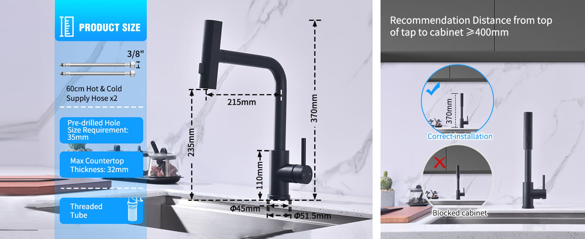 HOMELIVE Küchenarmatur Schwarz – 360° Schwenkbarer Wasserhahn Küche, Ausziehbare Spültischarmatur mit Brause, 3 Strahlarten für Flexibles Arbeiten