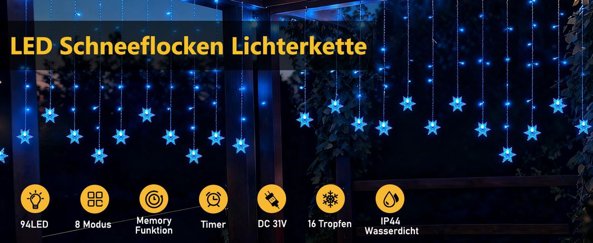 LED Schneeflocke Lichterkette Blau Lichtervorhang 8 Lichtmodi Innen Party Garten Fenster Weihnachten Beleuchtung