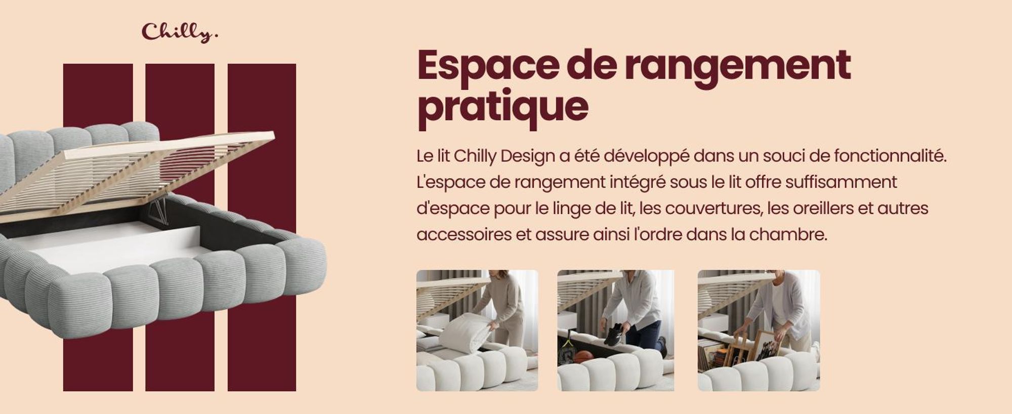 Chilly Möbel Design Lit Como - Lit rembourré avec coffre, sommier et tête de lit 180x200 cm / Bouclé / Marron