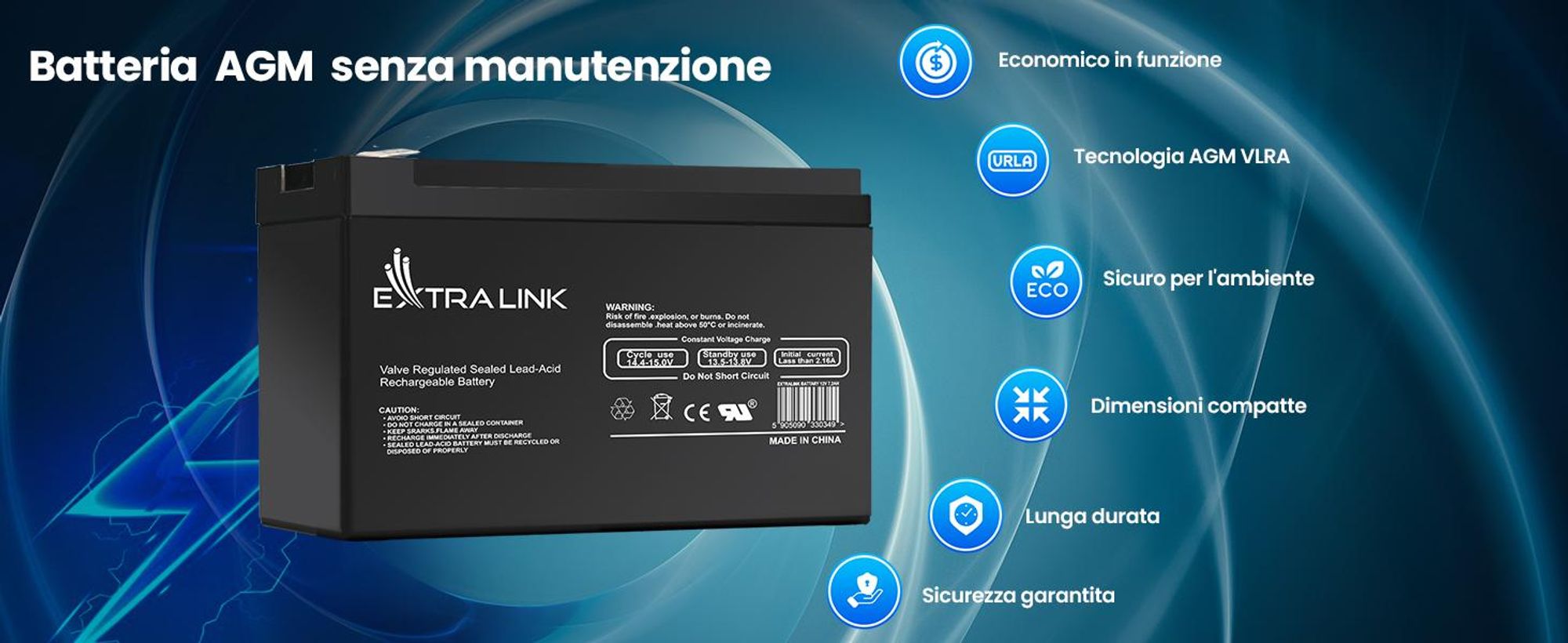 Extralink Batteria AGM 12V 200Ah, VRLA, senza manutenzione