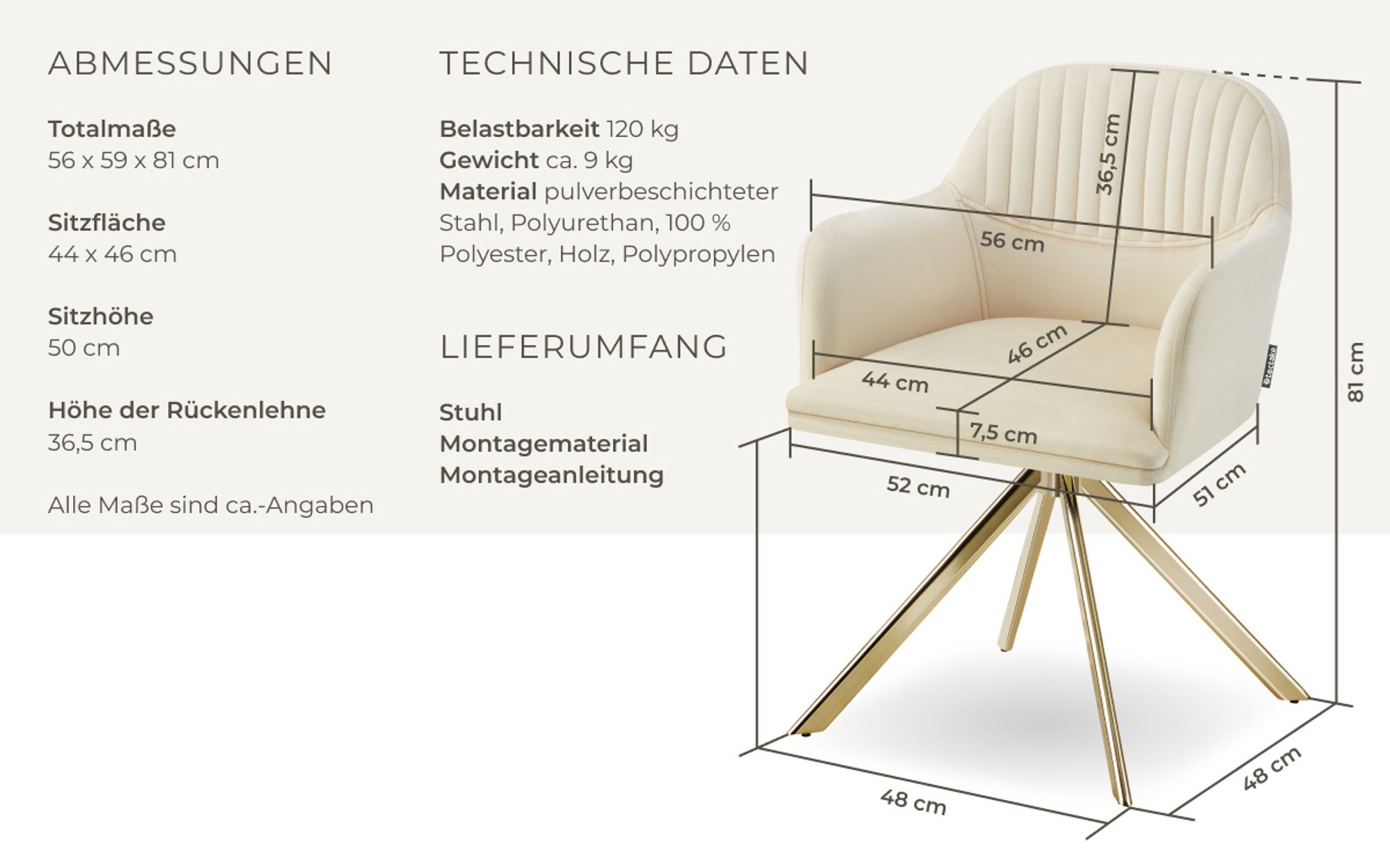 tectake® Samt-Drehstuhl Lona gepolstert 56 x 59 x 81 cm