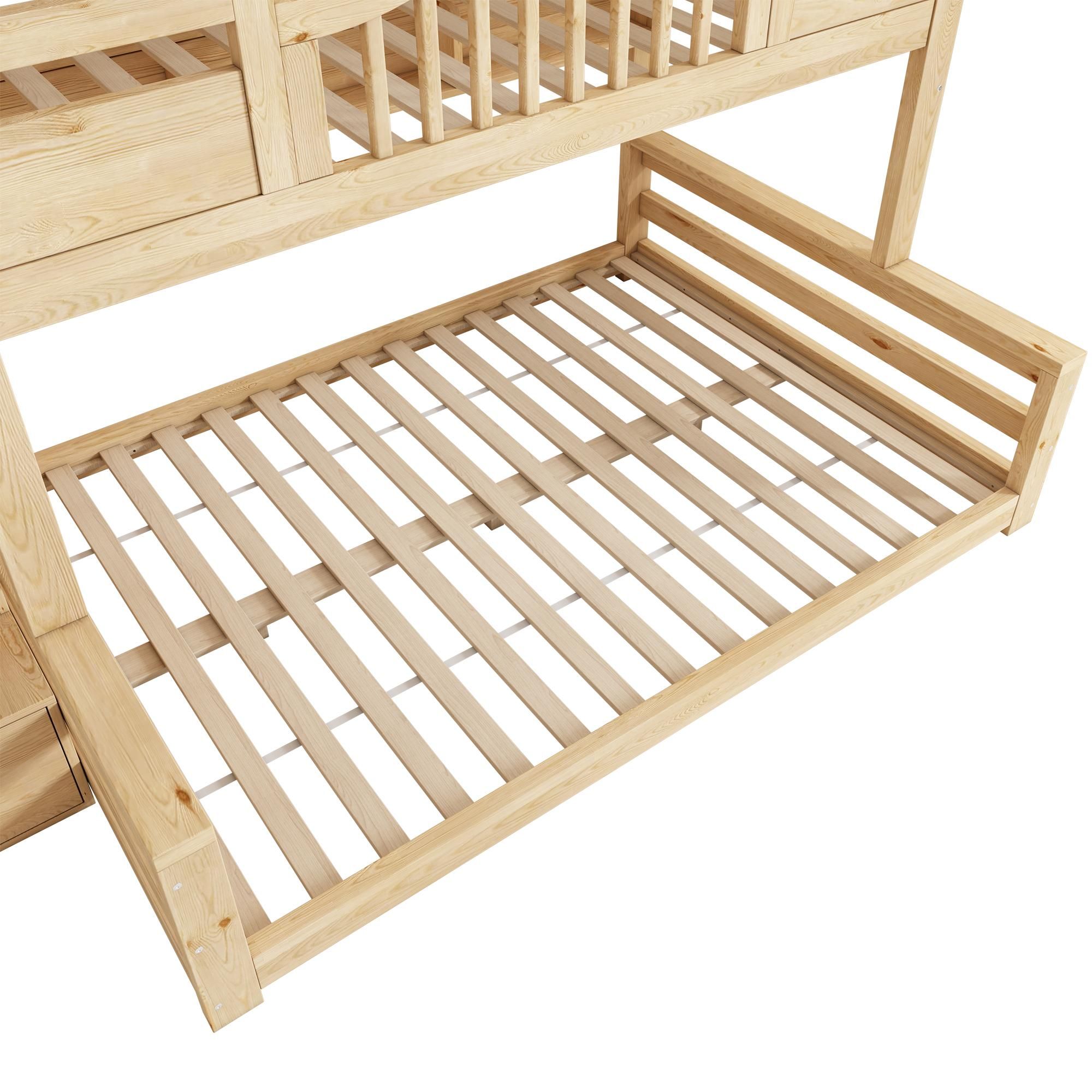Flieks Etagenbett 90x200cm/140x200cm mit Regal, Kinderbett Hausbett mit Treppe, Hochbett für 2-3 Kinder, Stockbett Holzbett Naturbelassen