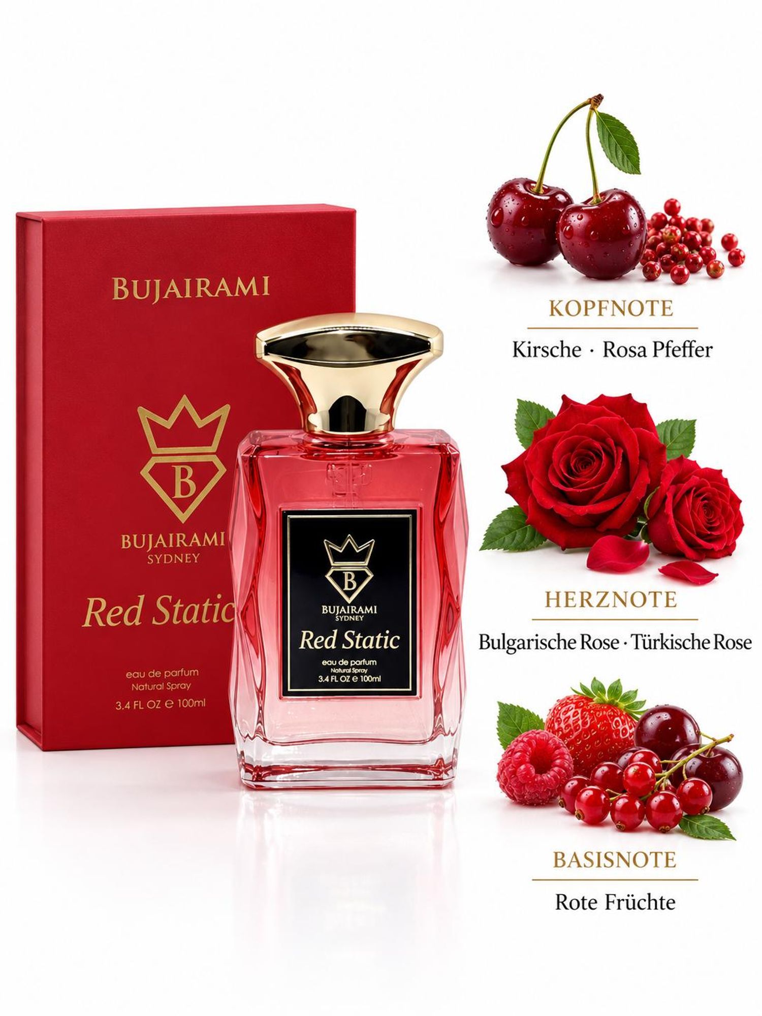 Bujairami Red Static Eau de Parfum 100 ml – Unisex Parfum – Fruchtig-floraler Duft