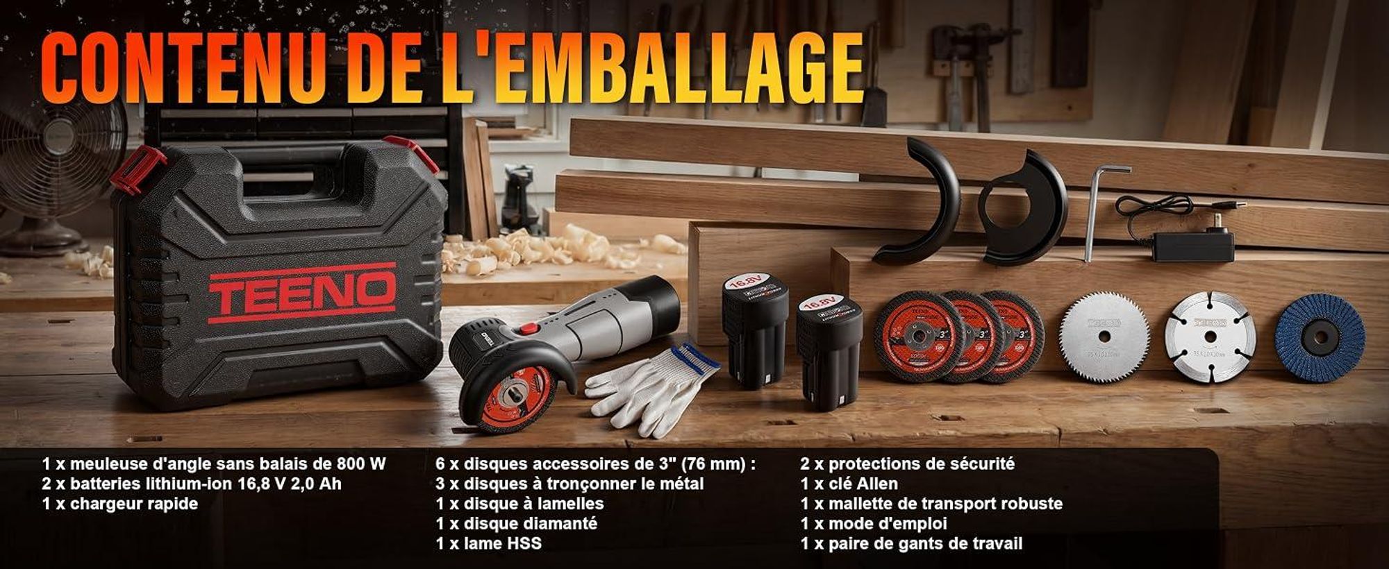TEENO Meuleuse d'Angle Sans Fil Brushless 16,8V 76mm 19500 tr/min Moteur 800W, Écran LED, 2 Batteries 2000mAh, 6 Disques & Coffret. Couper, Poncer.