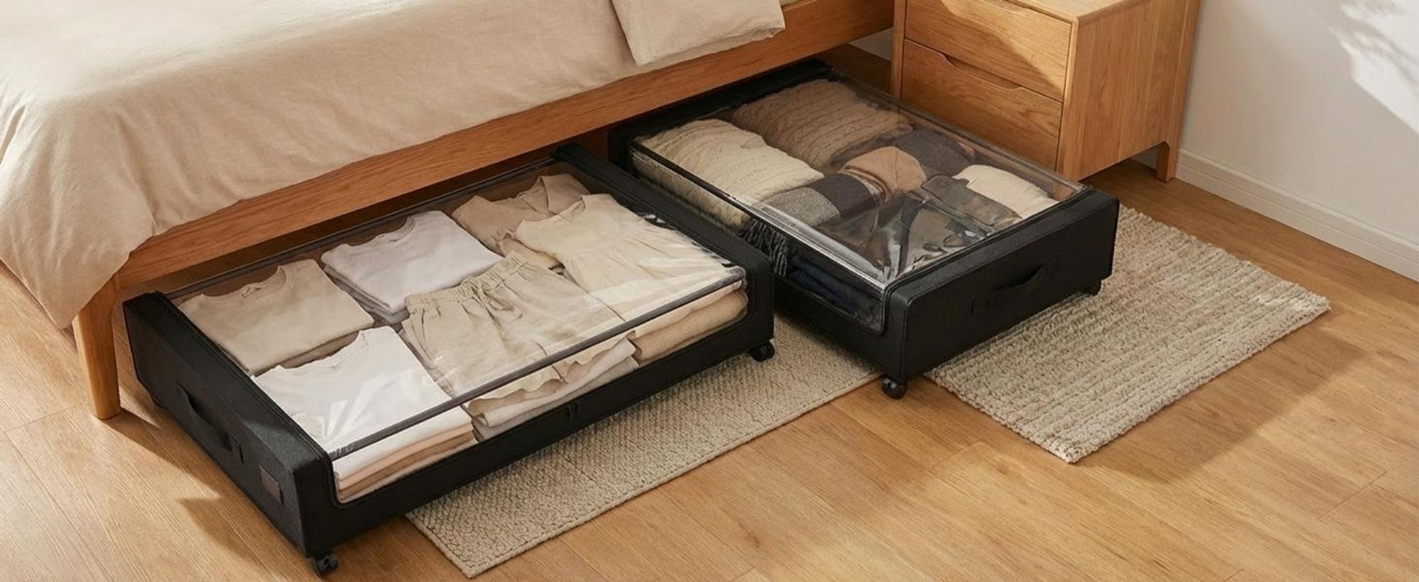 Unterbett Aufbewahrungsboxen mit Deckel schwarz – 2 St Organizer mit Rollen und Griff, Aufbewahrungstasche für Kleidung zur Aufbewahrung im Schrank