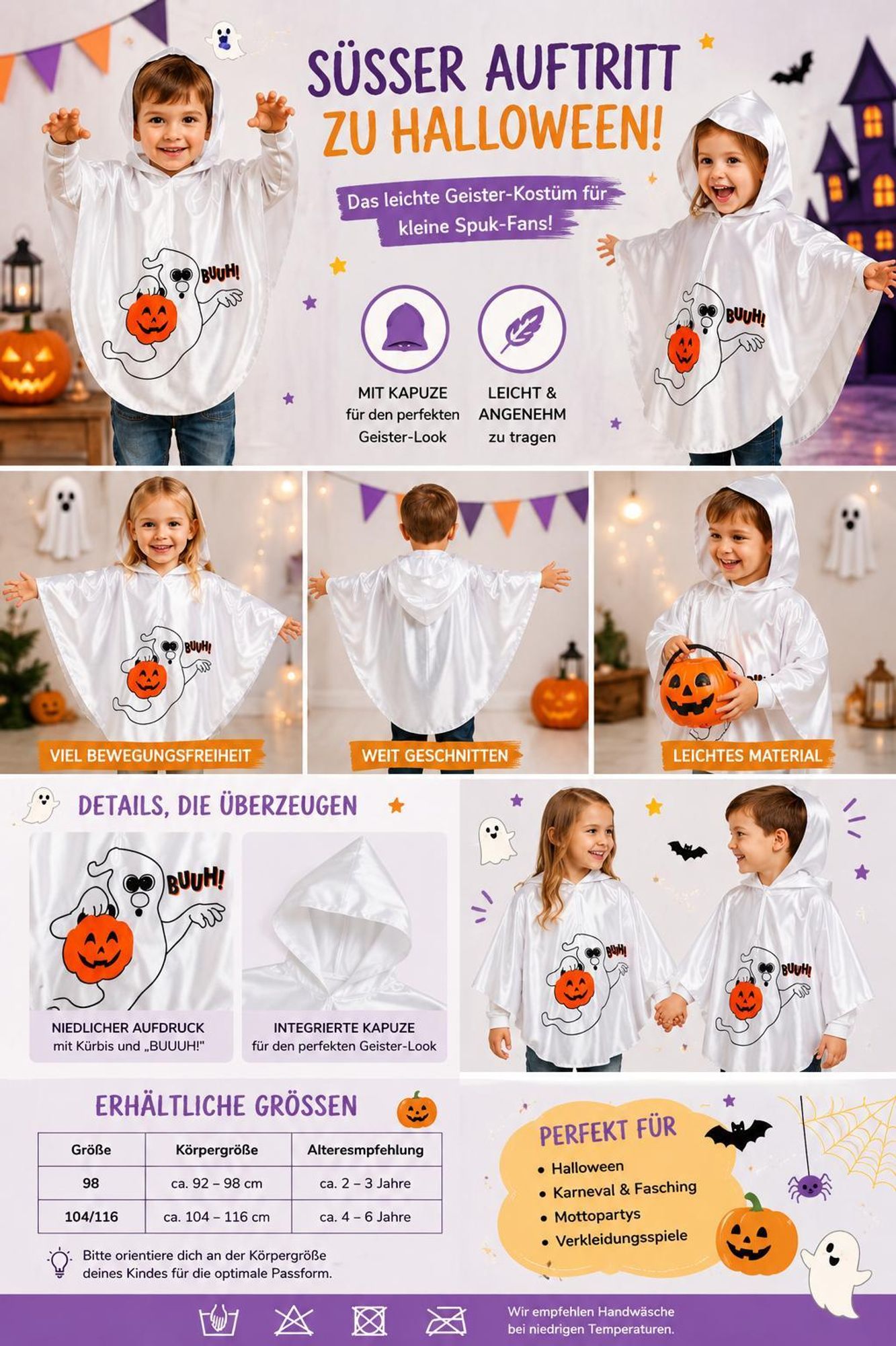 Geisterkostüm für Kinder Cape mit Kapuze Gespenst Geisterumhang Halloweenkostüm Ghost (104/116)