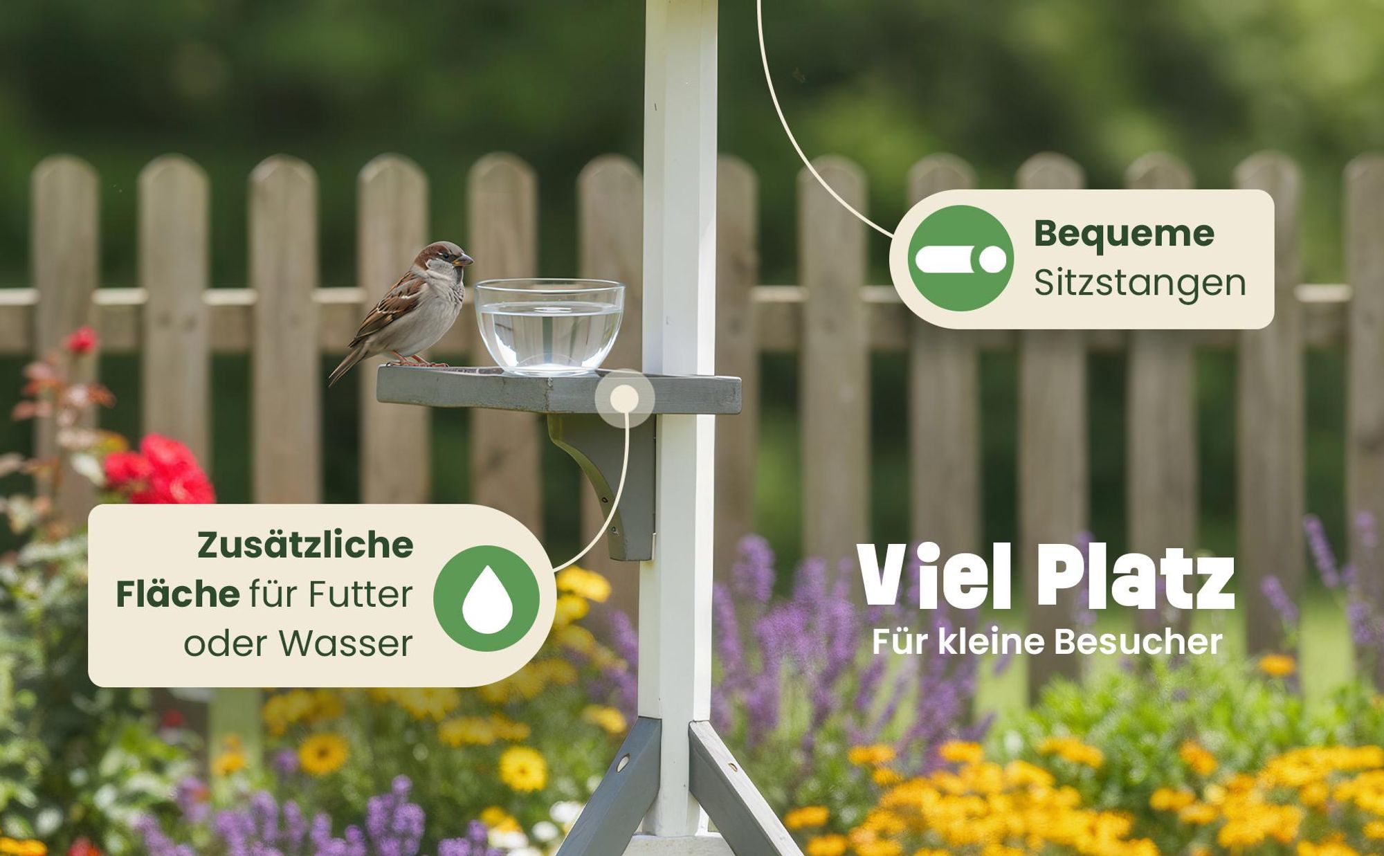 Vogelhaus mit Ständer zooprinz Bird Tower | Massivholz Kiefer | 120 cm Höhe | Futtersilo & Bitumendach | Wetterfest Weiß-Grau