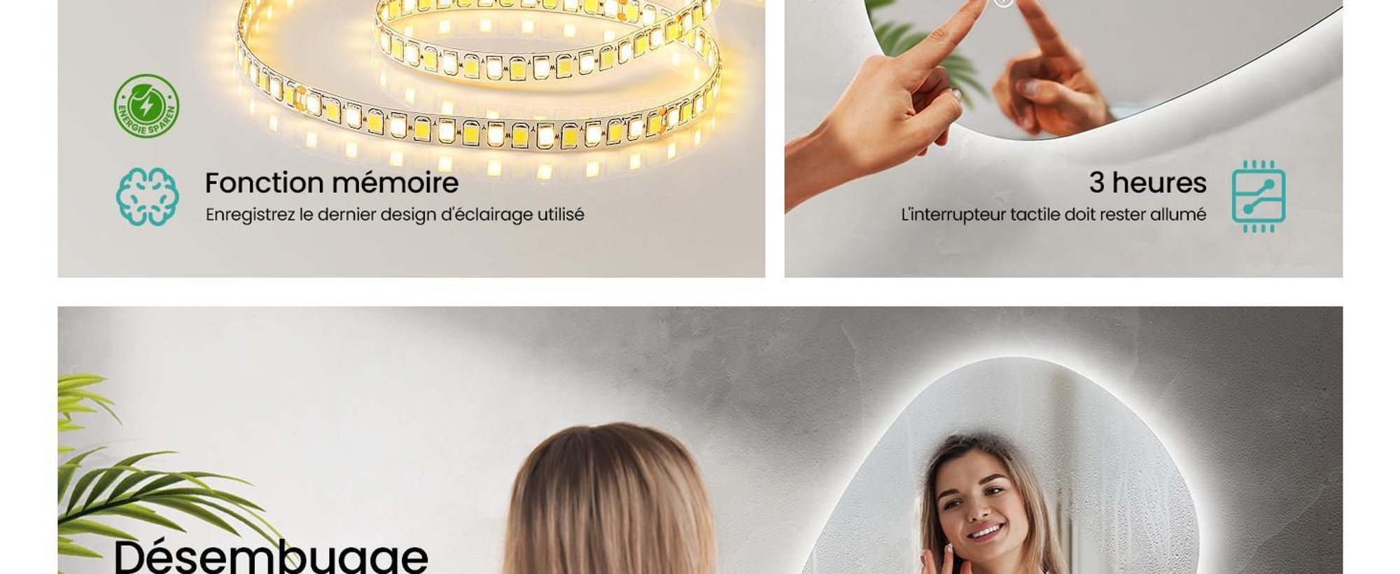EMKE Miroir de salle de bain avec éclairage 80 x 60 cm Miroir de salle de bain asymétrique, miroir de salle de bain avec 3 couleurs de lumière Variable, antibuée, interrupteur tactile