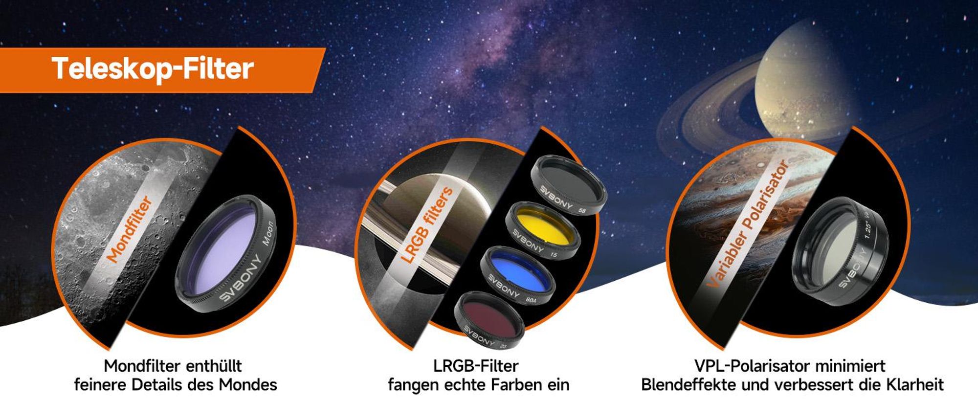 Svbony SV233 Teleskop Zubehör Kit für 7-21mm Zoom Okular 3,2mm 58°25mm 32mm SPL Okular 2x Barlow Objektiv LRGB Mond Variabler Polarisationsfilter