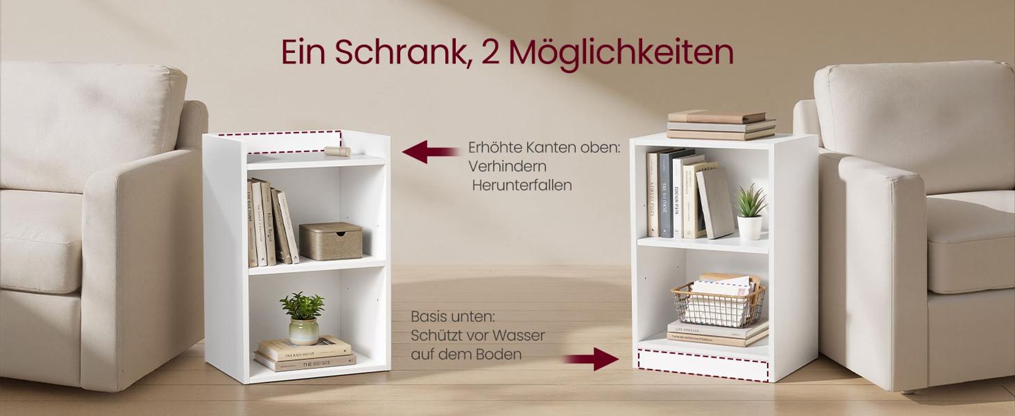 VASAGLE Beistelltisch mit flexibler Ablage, 2er Set, Nachtschrank mit offenen Fächern, für Wohnzimmer, Schlafzimmer, weiß