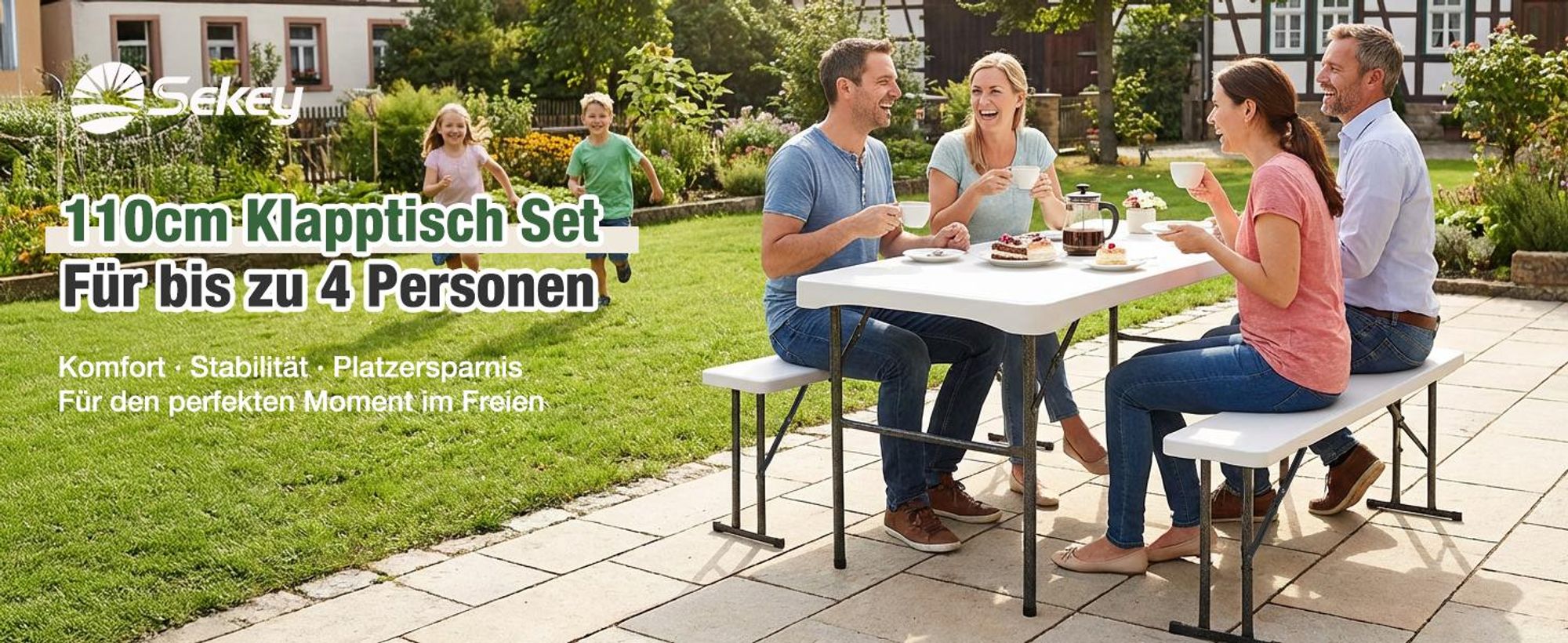 Sekey Bierzeltgarnitur Klappbar 3-teilig 110cm Tisch+2xBänke Festzeltgarnitur, Weiß