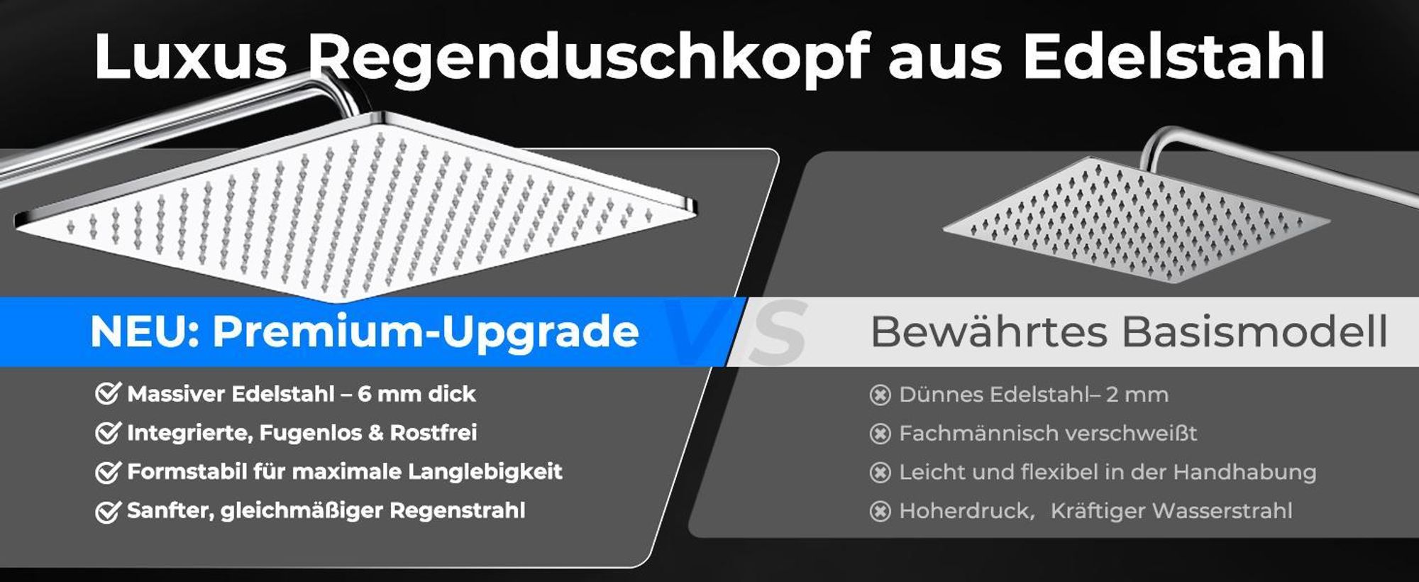 JOHO Edelstahl Duschsystem mit Regendusche ohne Armatur, 25x25 cm Chrom