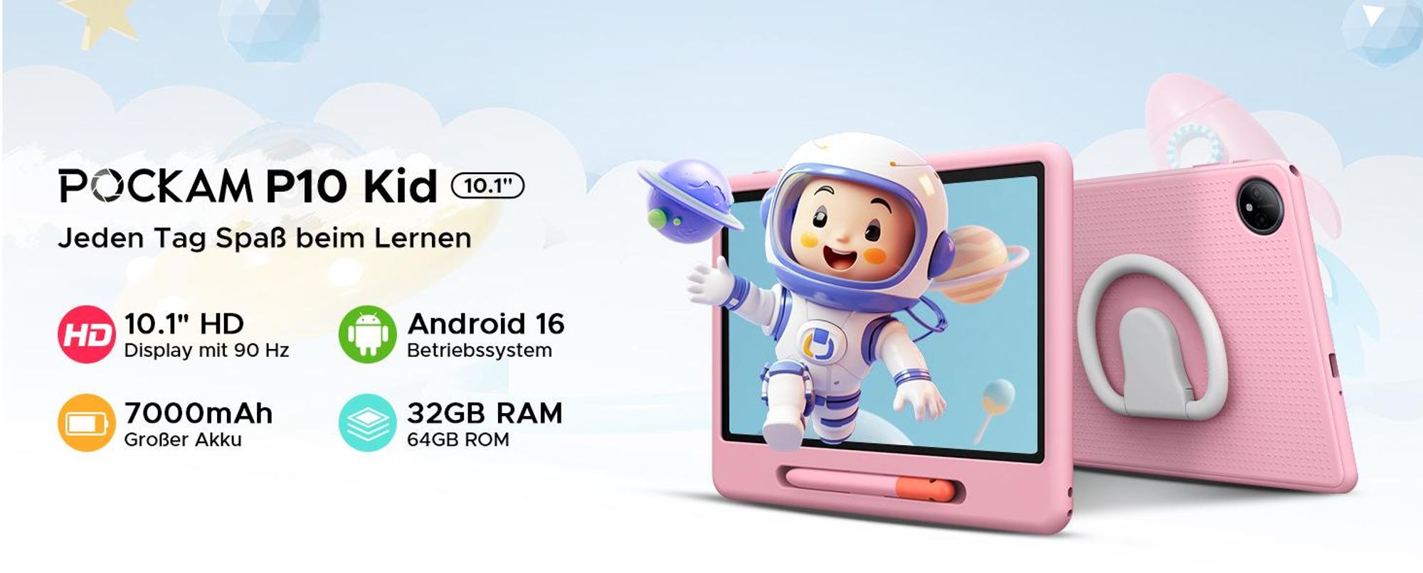 POCKAM P10 Kids 10.1" Tablet, Gemini AI, Android 16, 32(6+26)GB RAM+64GB ROM/TF 2TB, 7000mAh, WiFi Tablet für Kind mit Kindgerechte Hülle und Stift