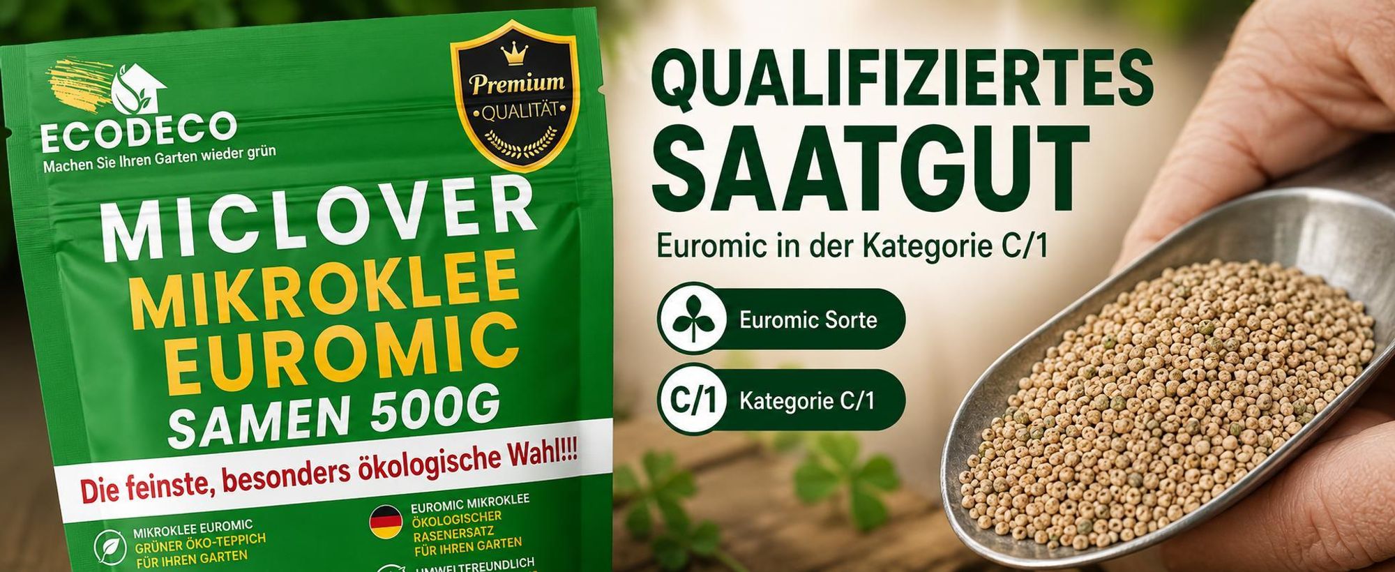 EcoDeco Mikroklee Samen Euromic 0,5 kg, Mikroklee Samen für Rasen mit Mikroklee, Klee Samen, Weißklee Samen, qualifiziertes Saatgut C/1