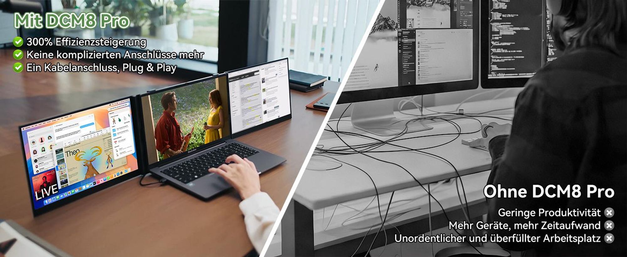 Blackview DCM8 Pro 15,6" FHD, Dual-Screen Tragbarer Monitor mit echtem 1-Kabel-Setup (USB-C), 4,5mm, 1kg, Augenschutz, für Laptop/Phone/Switch/PS5