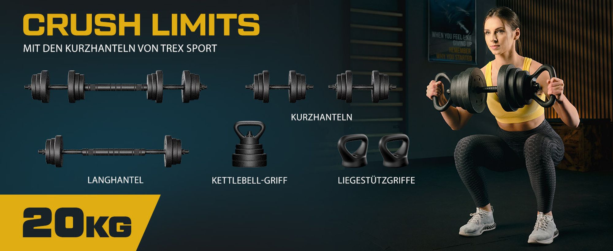 TREX SPORT Hantelset Kurzhanteln 4in1 Set | 2x10kg Kurzhantel Set, Langhantel, Liegestütze, Kettlebell | 20kg Dumbbell Hanteln Set mit Verbindungsrohr