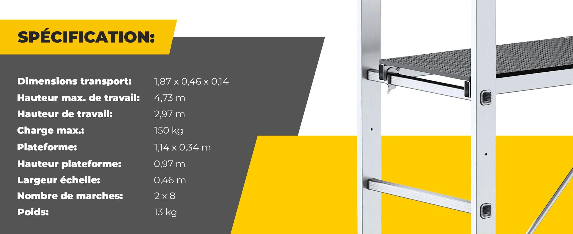 Drabest | Échafaudage Aluminium 2x8 - 33x114 cm - Multifonctionnel - Antidérapant - Léger et Pratique