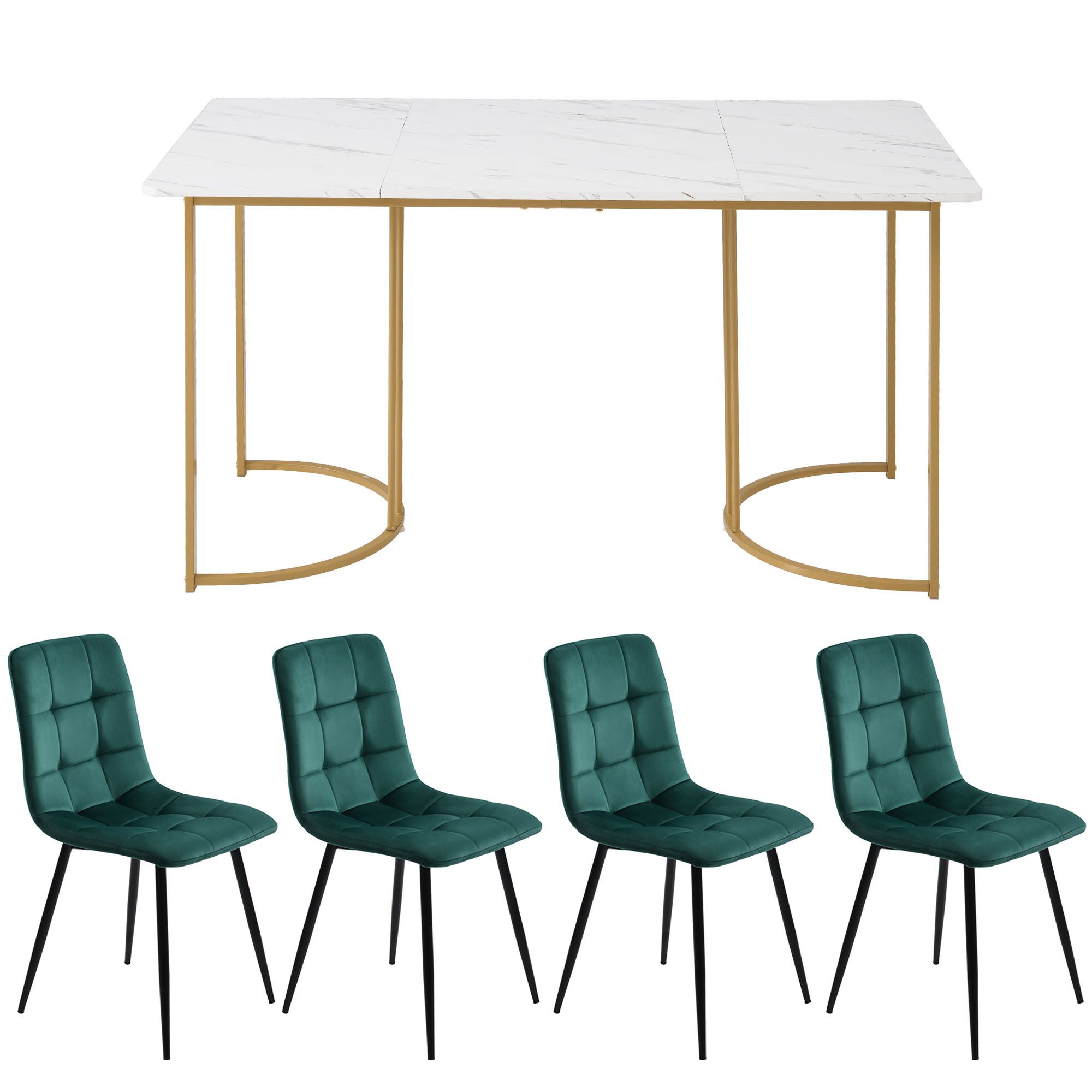 Flieks Essgruppe Esstisch mit 4 Esszimmerstuhl, Sitzgruppe Küchentischset 5tlg., Küchentisch mit 4 Esszimmerstuhl, Stuhl mit Samtbezug, Grün Gold