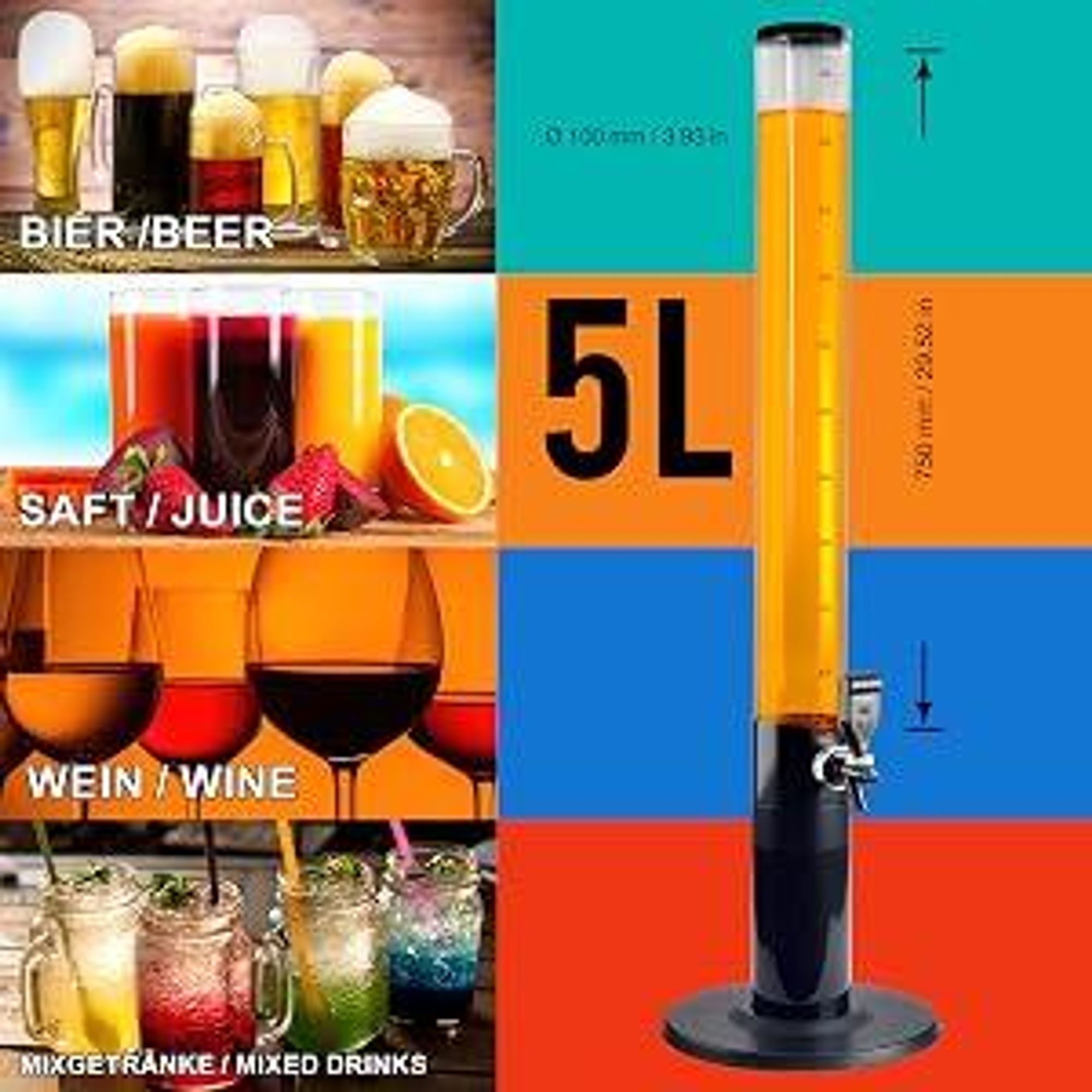 XXL Biertrinksäule 5 Liter mit Zapfhahn – Getränketurm Biersäule für Party, Bier, Cocktails & Softdrinks – 85cm Höhe