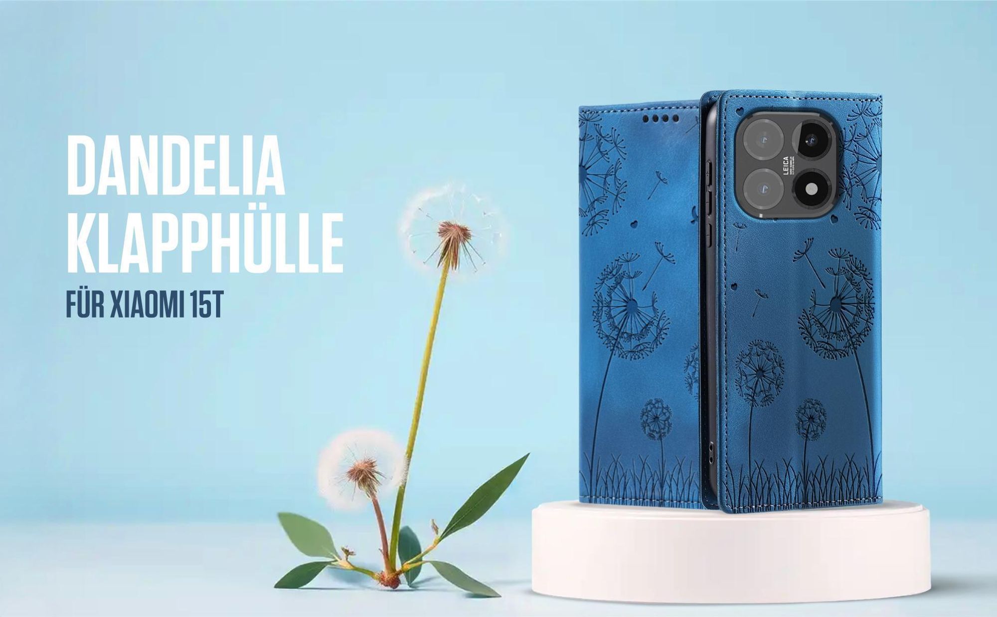 Blaue Klapphülle für Xiaomi 15T mit feiner Löwenzahn Prägung