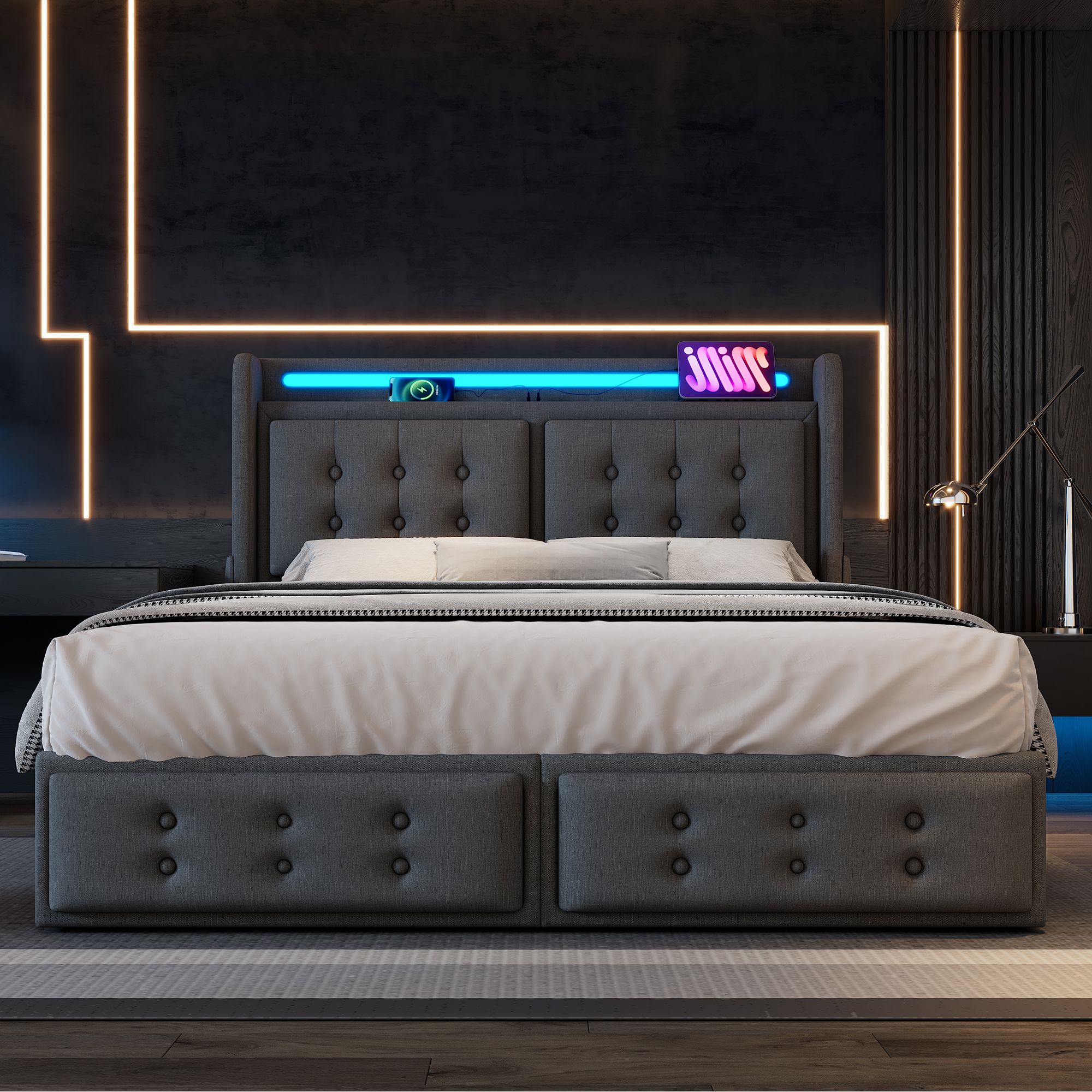 Flieks Polsterbett 160x200cm mit 4 Schubladen, Stauraumbett Doppelbett mit Ladefunktion, Jugendbett Holzbett mit LED, Funktionsbett Baumwolle, Grau