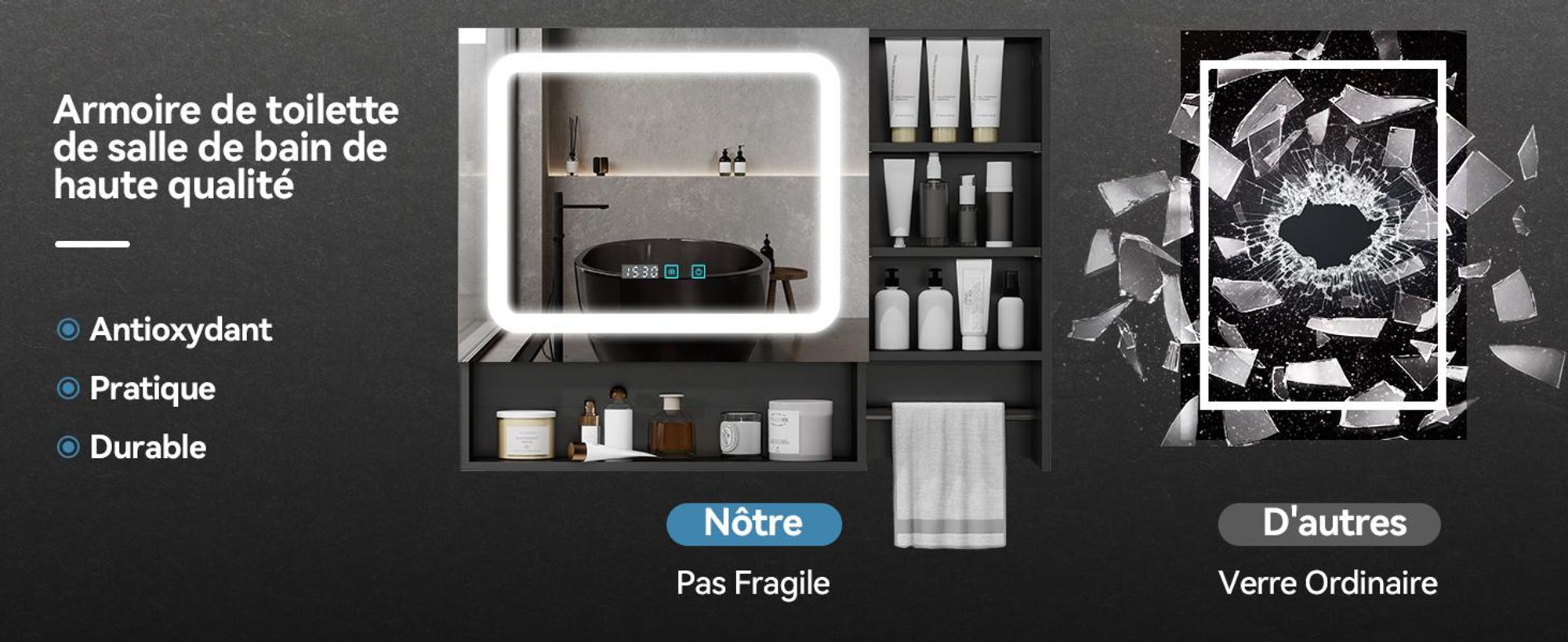 Puluomis armoire de toilette salle de bain 80cm avec 3 couleurs d'éclairage variable, horloge digitale porte-serviettes anti-buée armoire de salle de bain murale noire