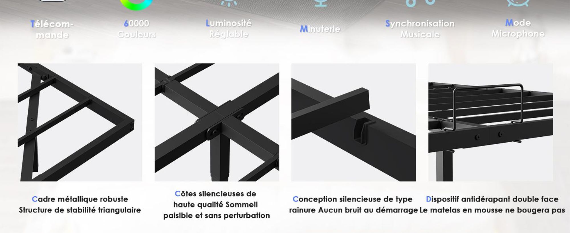 DEWINNER Cadre de Lit 140 x190 avec Sommier Métal, Lit 2 Personnes Flottant avec Éclairage LED, Sommier en Métal, Structure Stable, Noir(sans Matelas)