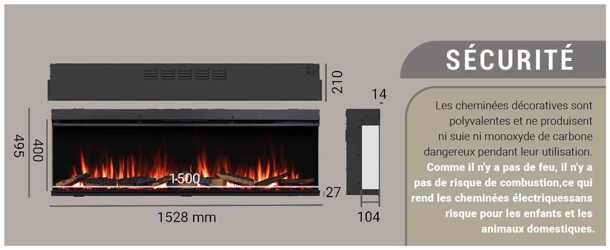 Cheminée électrique encastrable BALDERIA Athena 60 – Puissance de chauffage jusqu'à 1 500 W, noire