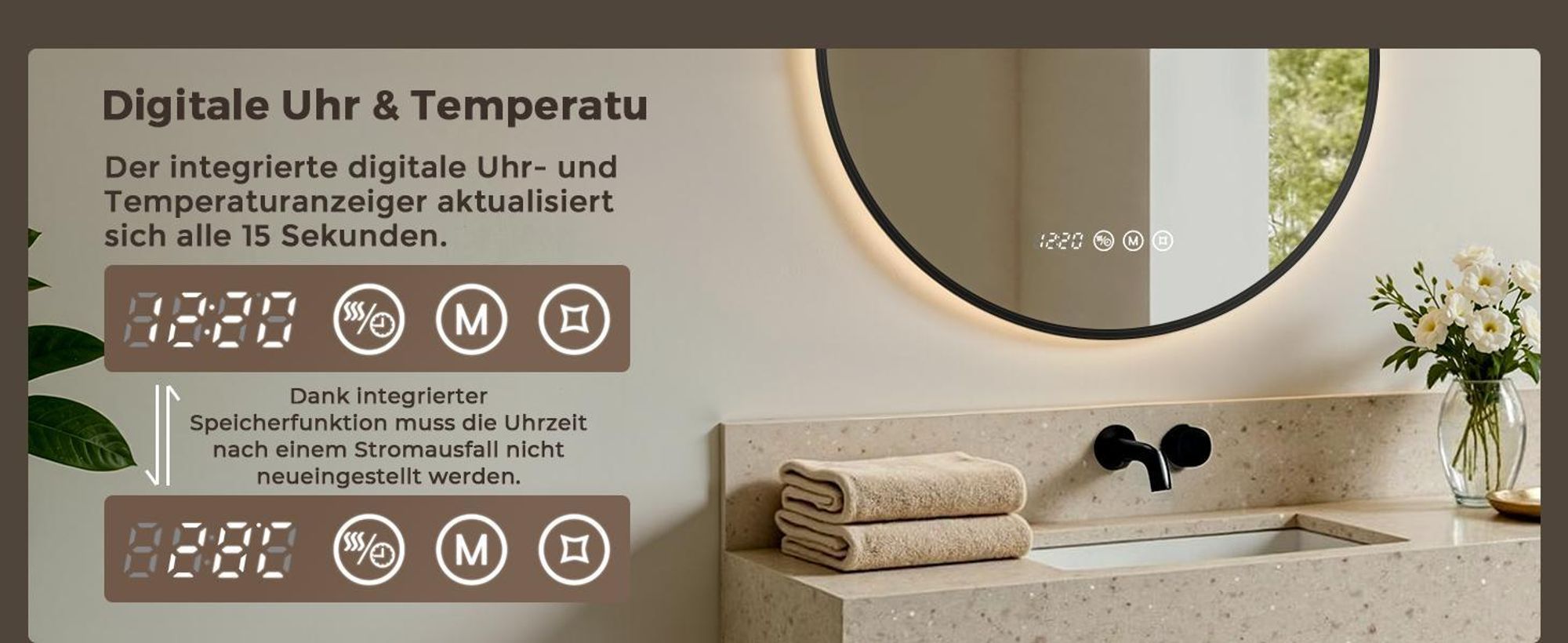 S'AFIELINA LED Badezimmerspiegel Rund Ø80 cm, Schwarzer Rahmen, 3 Lichtfarben, stufenlos dimmbar, Antibeschlag, Uhr & Temperaturanzeige, Memory