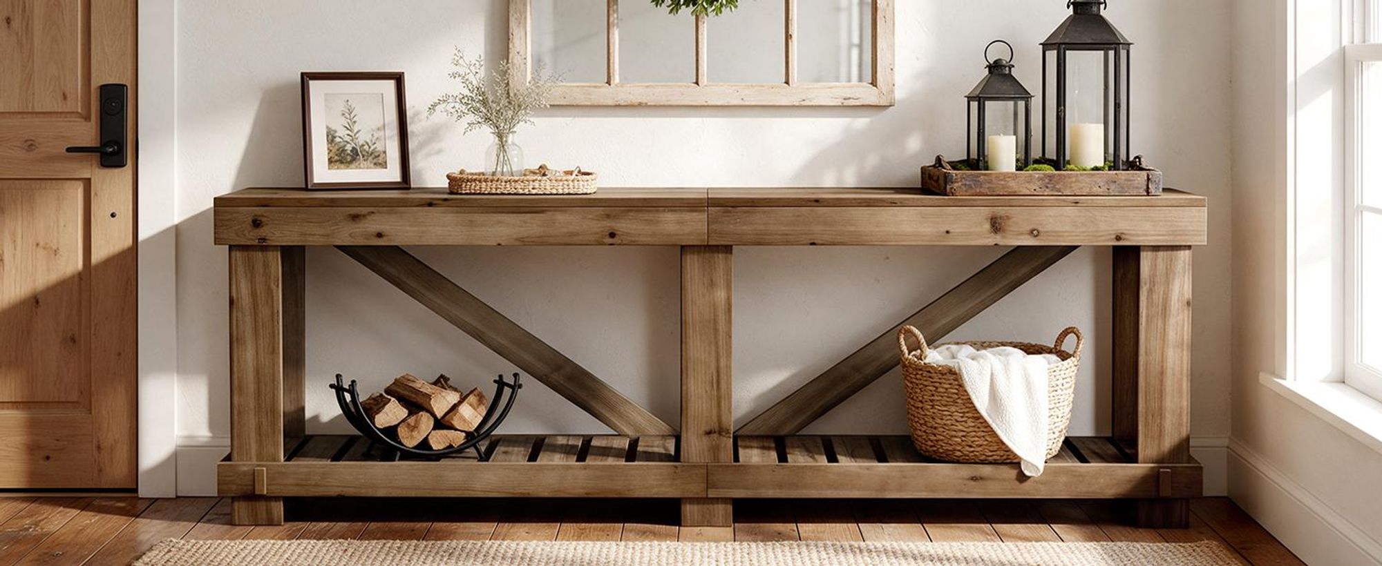200 cm Konsolentisch aus Massivholz, extra langer, zweistöckiger Flurtisch, Schmaler Sofa-Beistelltisch im Landhausstil mit offener Ablage