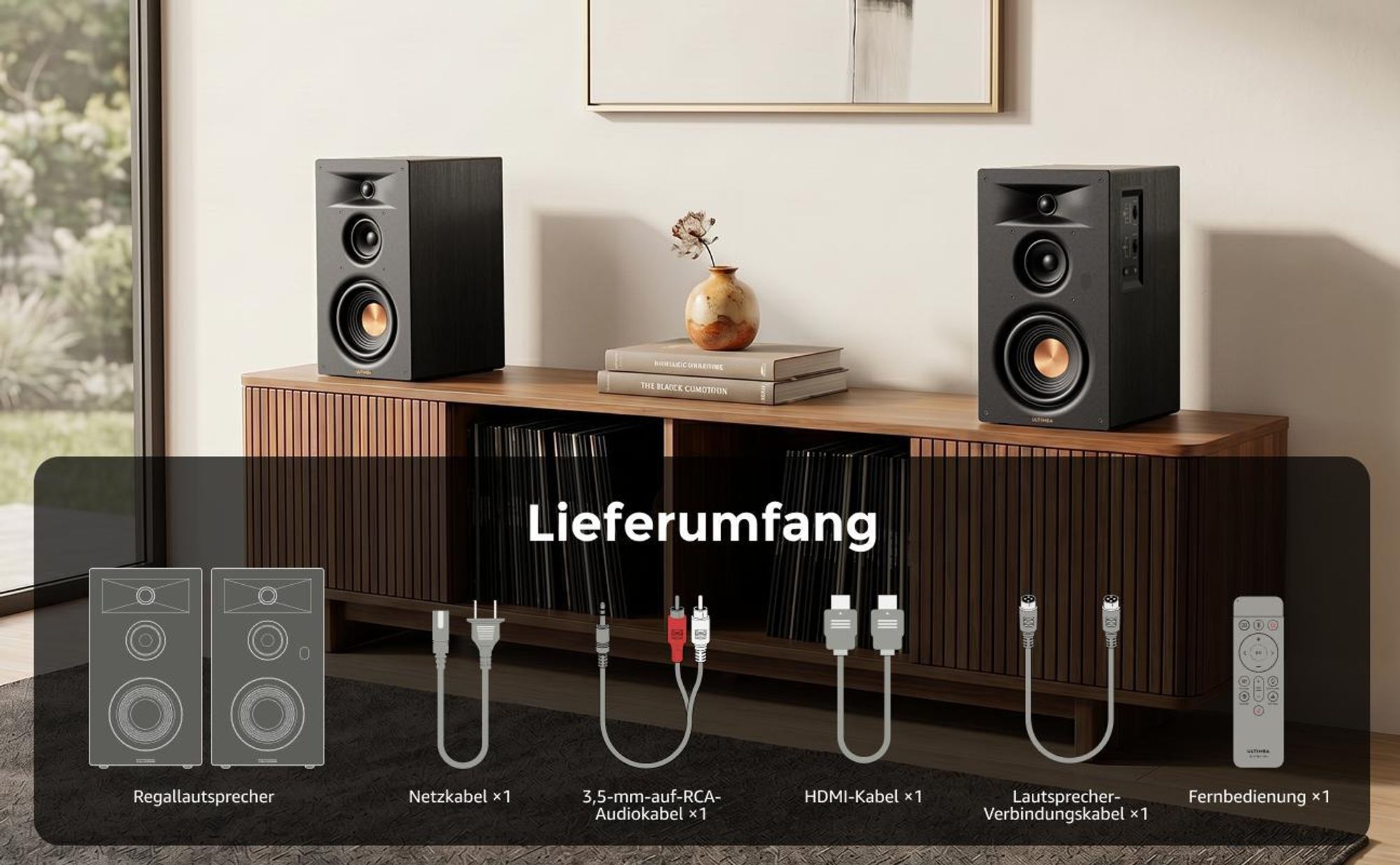 ULTIMEA BS-3 Aktivlautsprecher 3-Wege Regallautsprecher mit 5,25" Tieftöner, Bluetooth 6.0, HDMI ARC/Optisch/USB, Auracast, App-Steuerung, 70W RMS