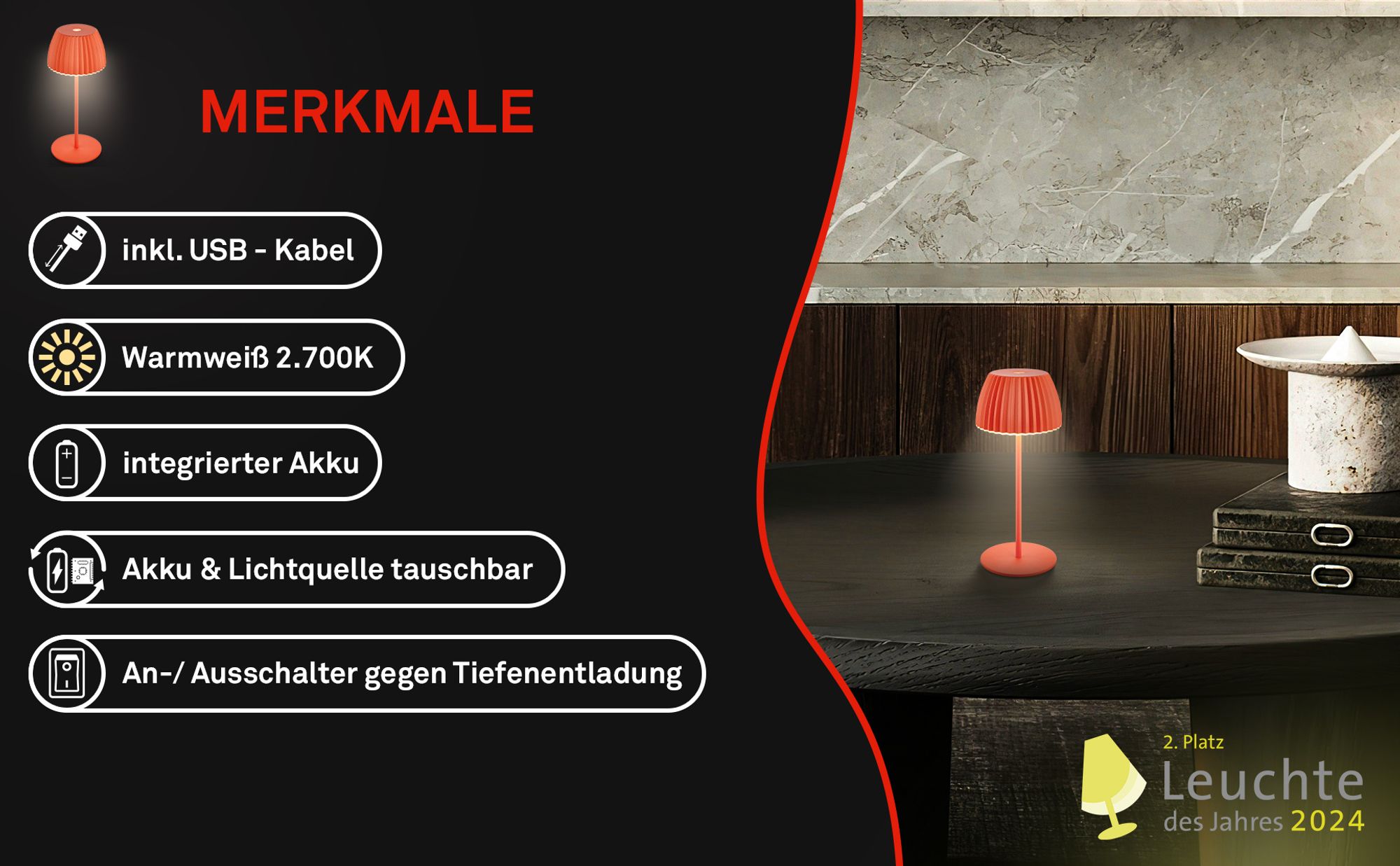 Riffle Mini LED Tischlampe Akku Tischleuchte Dimmbar Kabellos Touch IP44 Orange