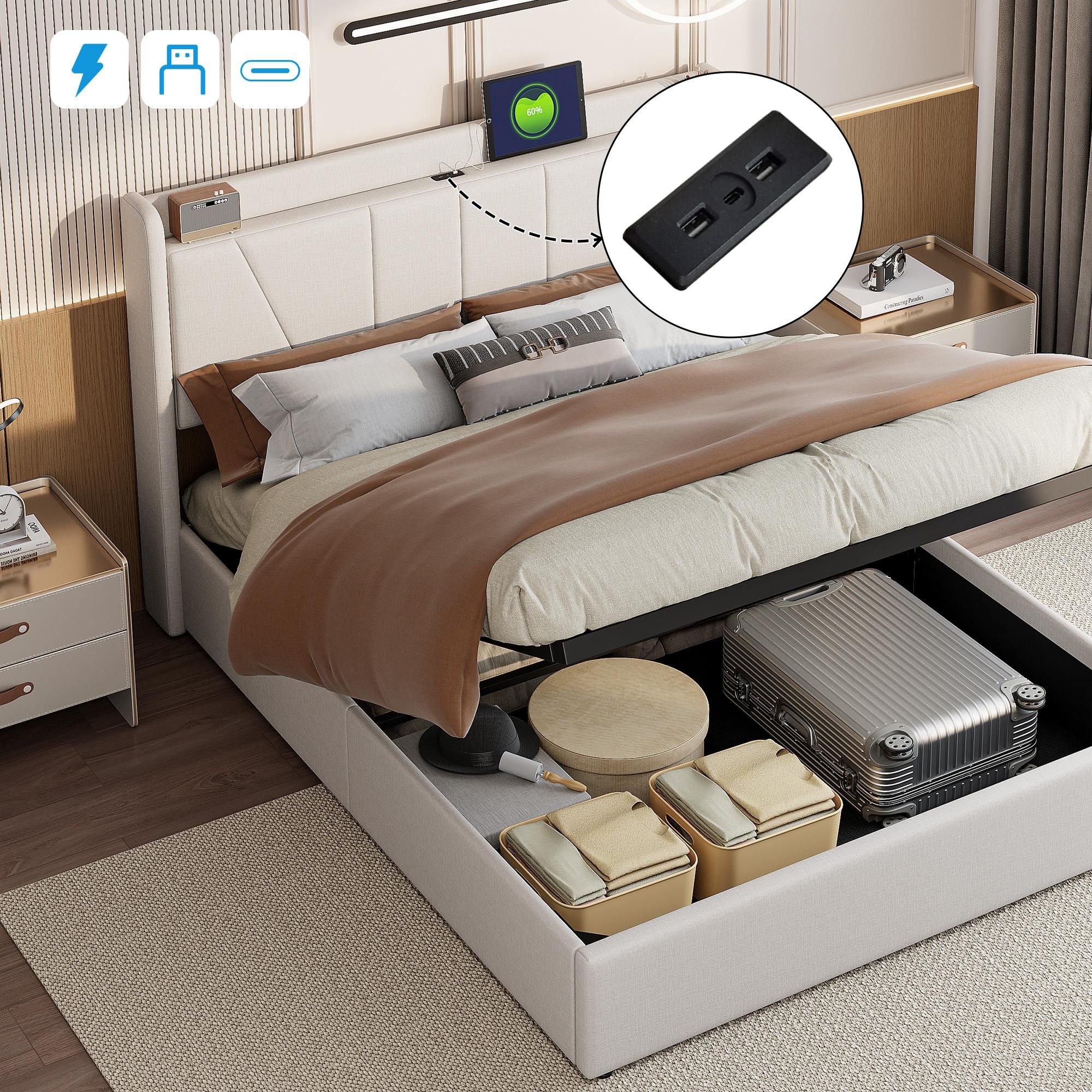 Fortuna Lai Polsterbett 160x200cm mit USB, Jugendbett Doppelbett mit Lattenrost und Stauraum, Stauraumbett, Leinen, Beige