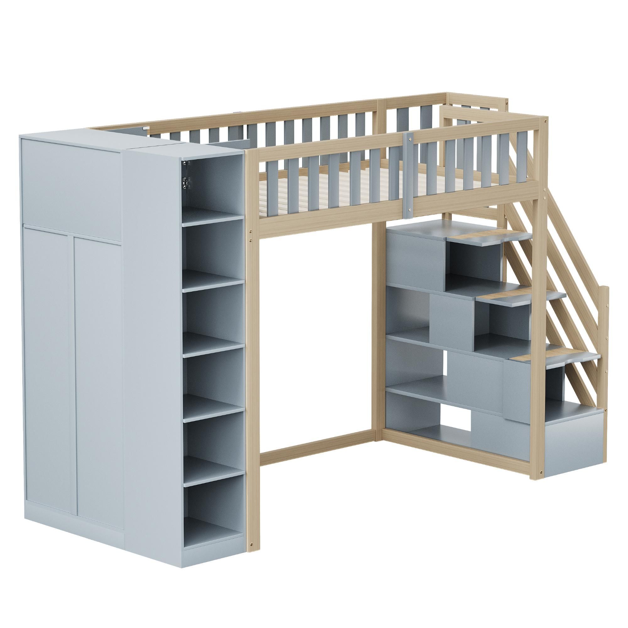 Flieks Etagenbett 90x200cm mit Kleiderschrank und Regal, Hochbett mit Treppe und Schubladen, Kinderbett mit Rausfallschutz & Lattenrost, Grau
