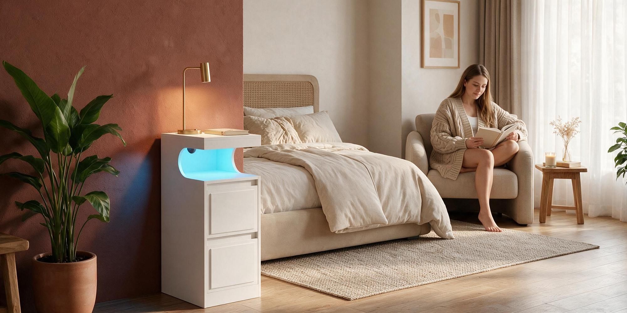 Nachttisch mit LED-Beleuchtung, Beistelltisch mit 2 Schubladen, Nachttische mit offenen Fach, Verstellbares Licht, für Schlafzimmer, Wohnzimmer