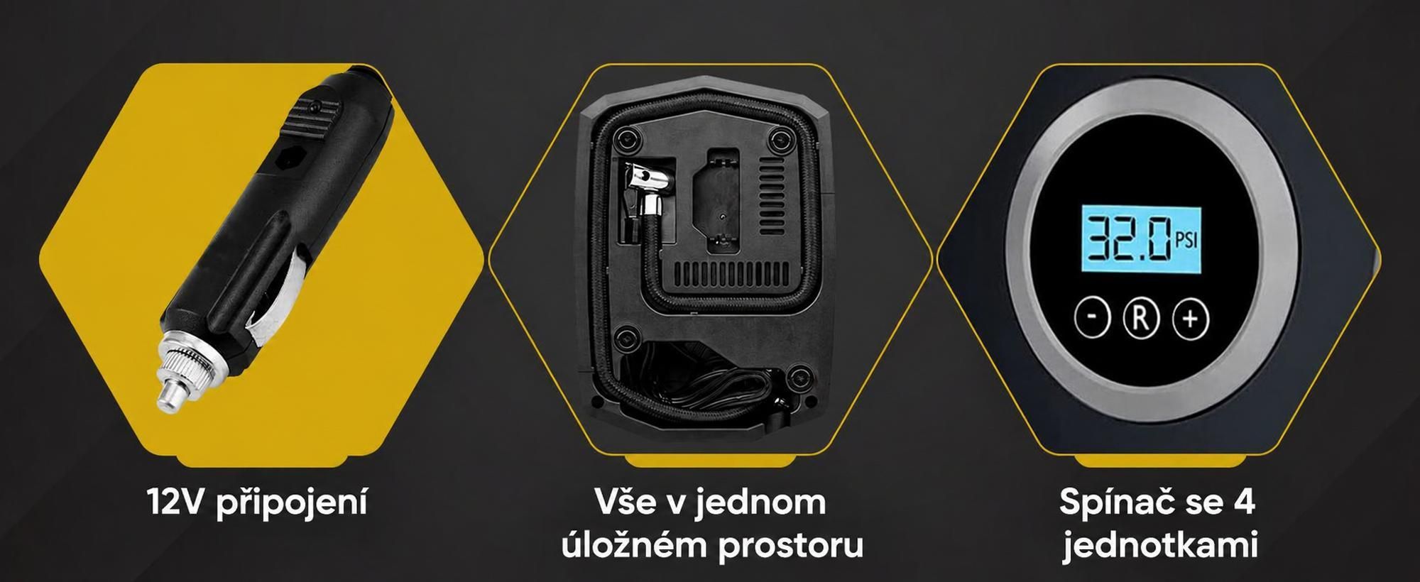Olvy Vzduchový kompresor pro pneumatiky automobilů 12V síť, 10,3 baru Elektrické vzduchové čerpadlo, digitální displej, LED světlo Mini kompresor pro automobilové kolo Koule 4 ventily