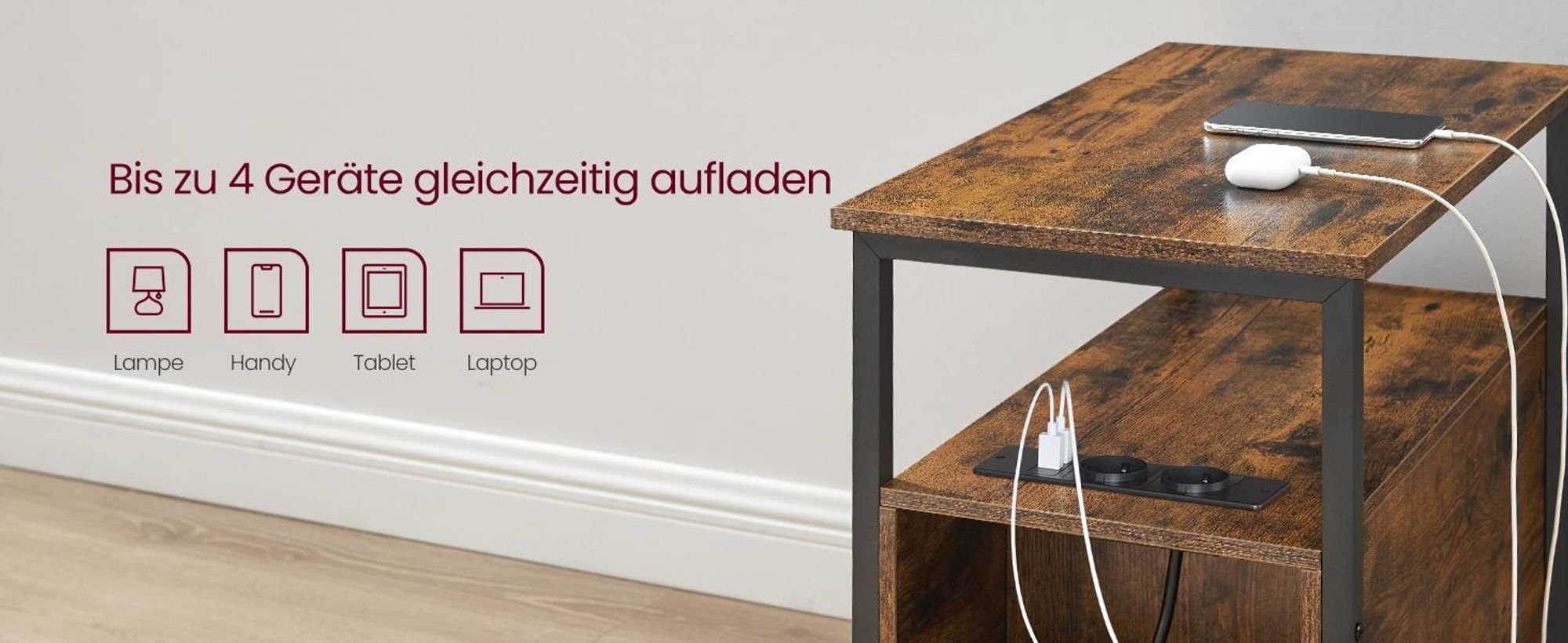 VASAGLE Beistelltisch, Nachttisch mit Steckdosenleiste, 2 Schubladen