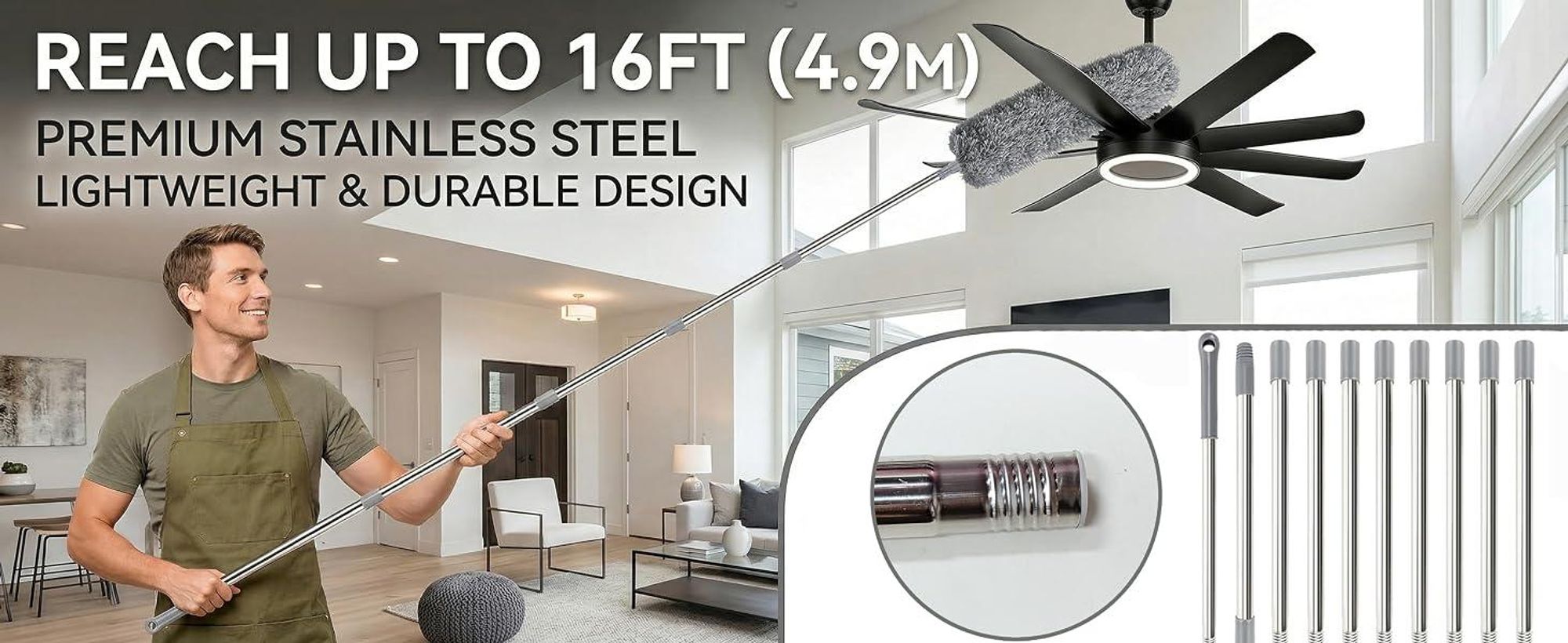 Staubwedel Teleskop, 6m Reinigungsset für Staubwedel, Staubwischer Mikrofaser, Spinnwebenbesen, 1,5-4,9m ausziehbar, für Decke, Ecken, Möbel