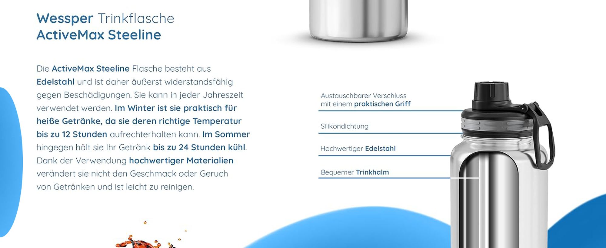 Wessper B3 THERMOSTEEL Thermoflasche 0,5 L Silber mit 3 Verschlüssen