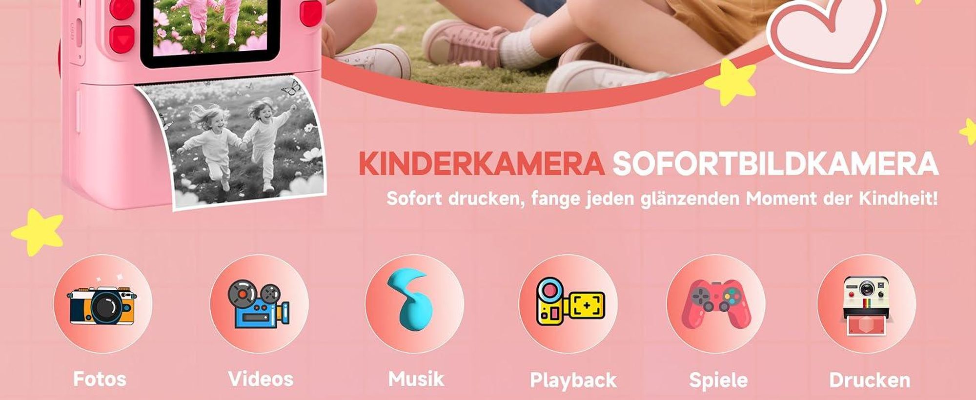 Sofortbildkamera, Kinderkamera, 1080P HD Digitalkamera, Kamera Kinder Sofortdruck mit 32GB Karte & 3 Rollen DruckerPapier