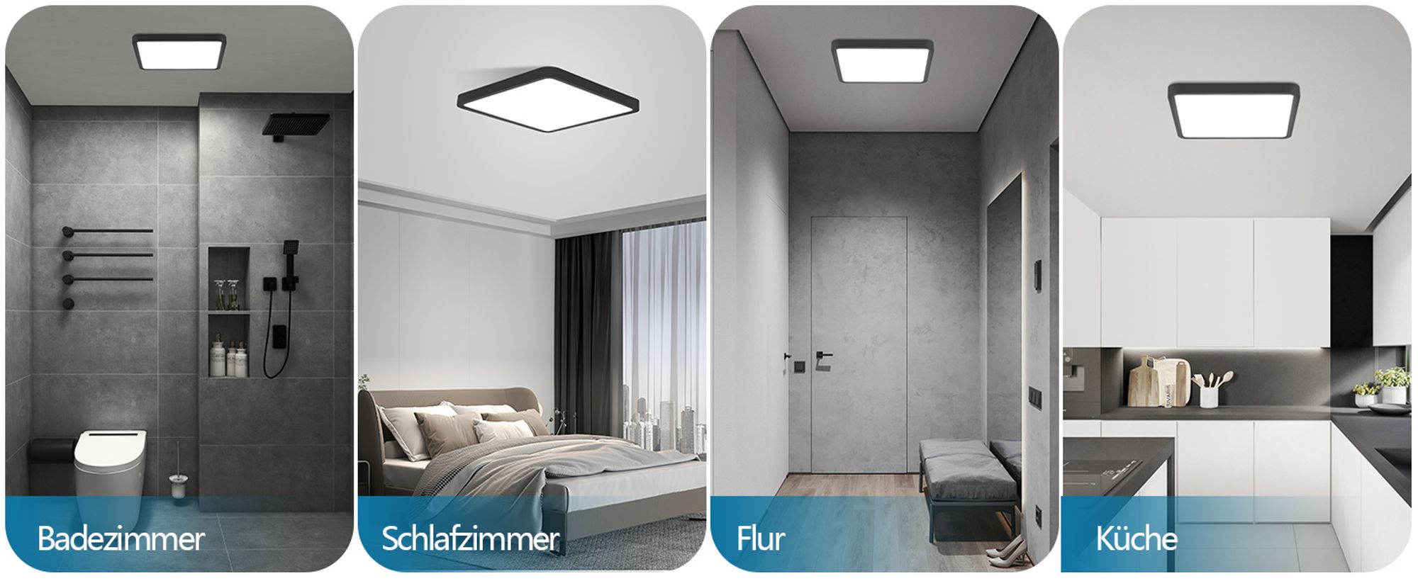 ZMH Deckenlampe LED Deckenleuchte Flach 23CM Badezimmerlampe Schwarz 18W Flurlampe Deckenbeleuchtung Schlafzimmer 6500K Küchenlampe Eckig Badlampe