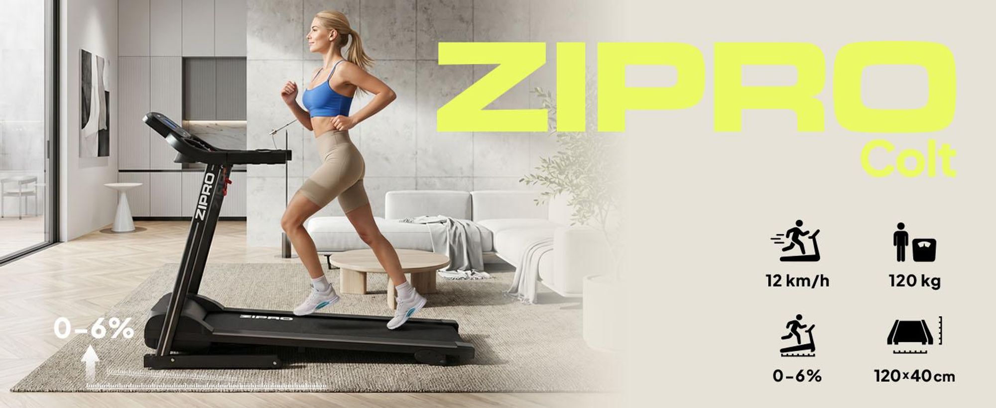 Zipro Laufband Elektrisch Colt – Klappbares Fitnessgerät für Zuhause Bis 12 km/h & 3-Stufen Steigung Leiser Motor mit Dämpfungssystem & Pulsmessung