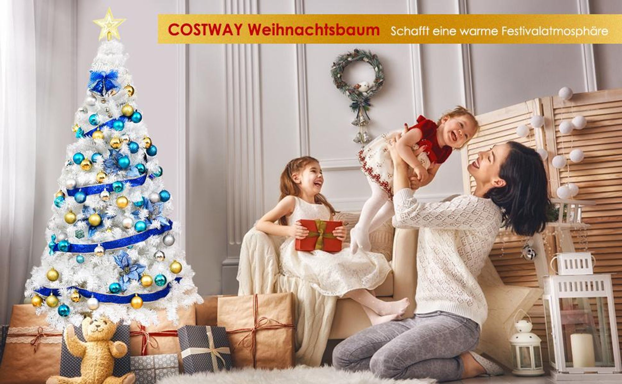 COSTWAY 240cm Künstlicher Weihnachtsbaum mit 1138 Spitzen, PVC Nadeln & Metallständer, Tannenbaum, Christbaum ideal für Zuhause, Büro & Geschäfte, weiß