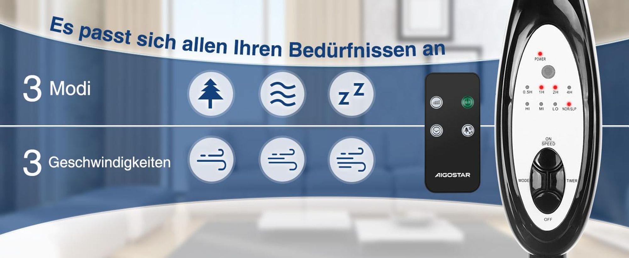 Aigostar Leise Ventilator mit Fernbedienung, 80° Oszillation,7,5H Timer, 3 Modi