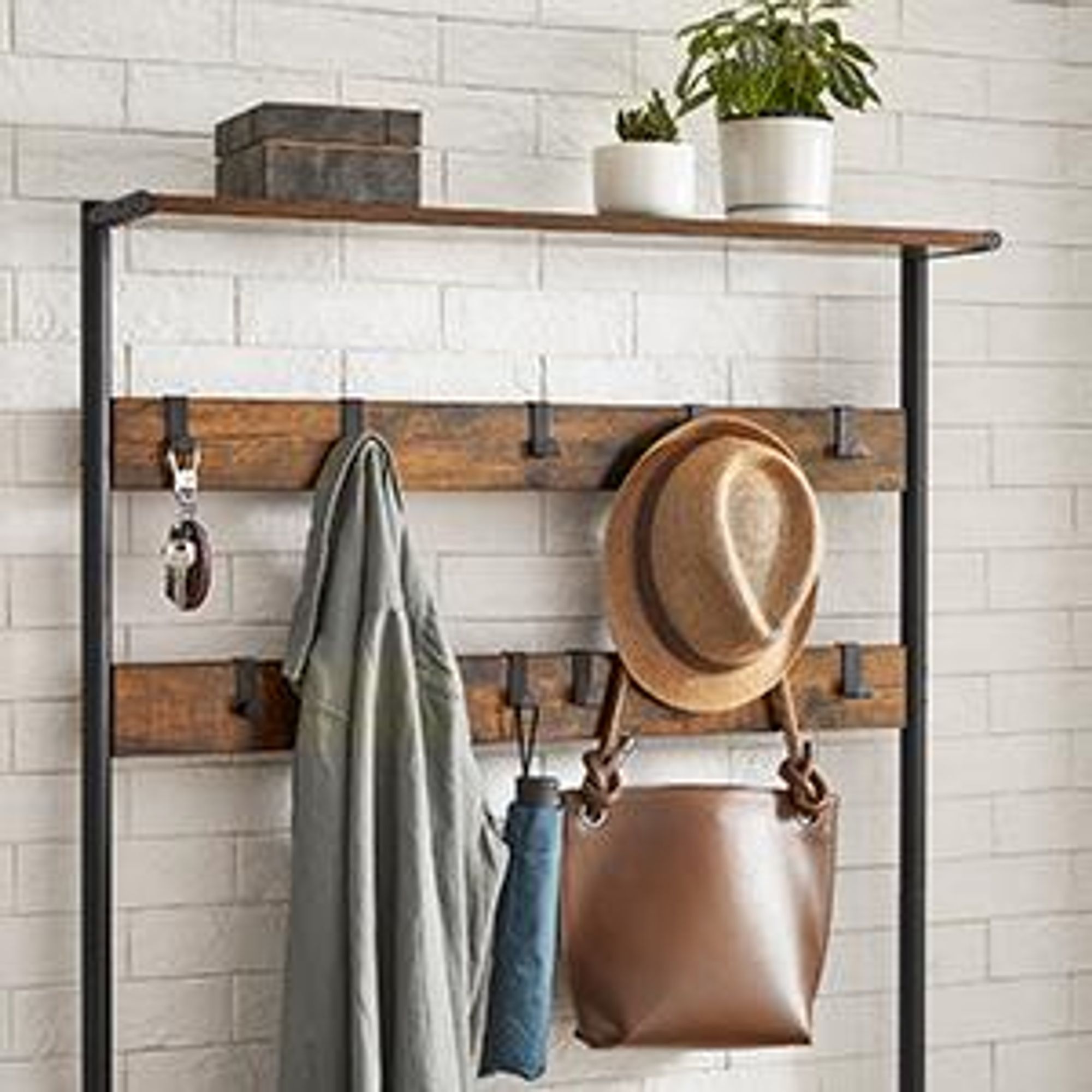 VASAGLE Garderobenständer, Kleiderständer, Garderobe mit 9 abnehmbaren Haken, Schuhregal, für kleine Wohnungen, Flur, Industrie-Design, vintagebraun-schwarz HSR409B01